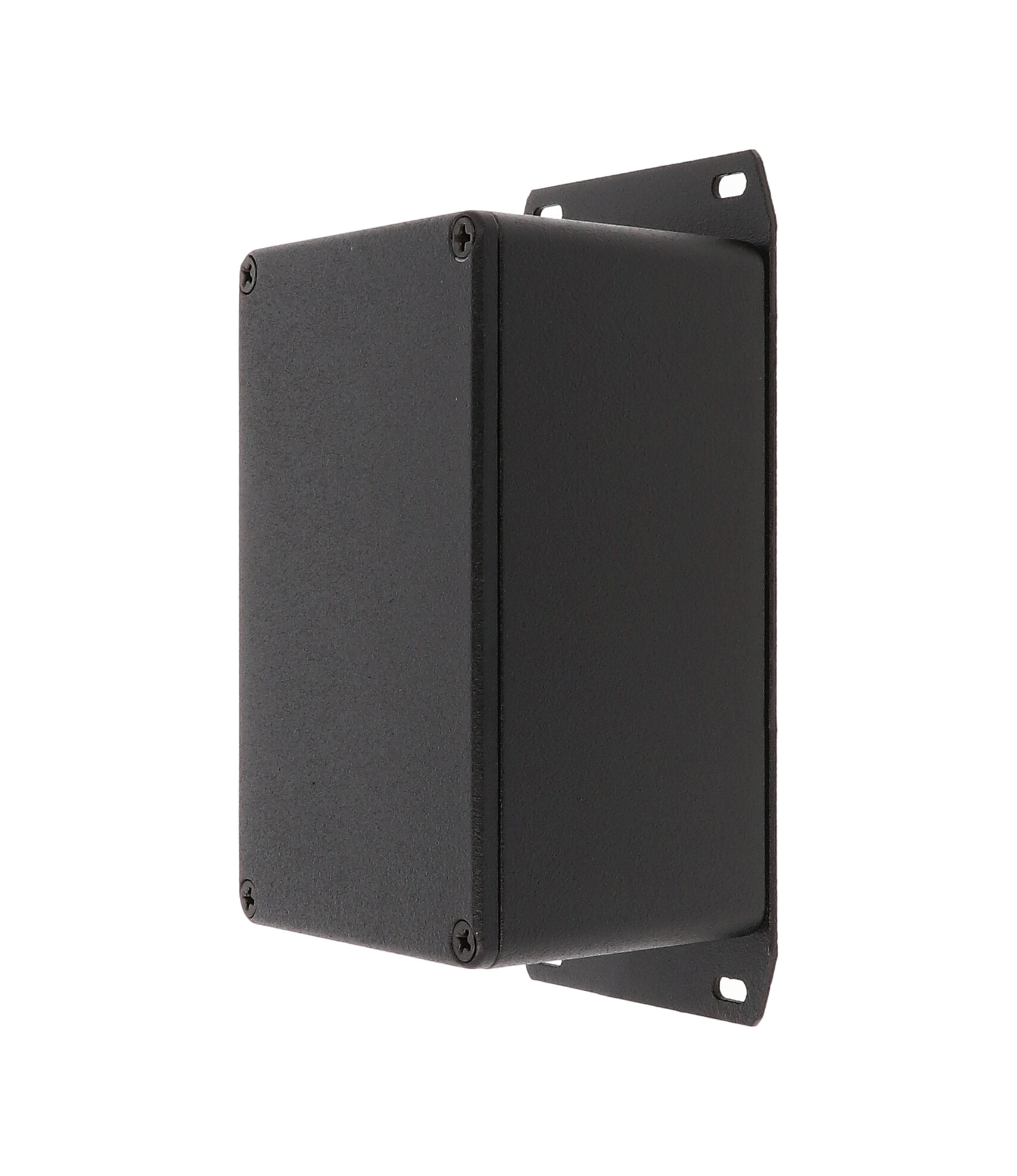 1590TFBK textured black diecast aluminum enclosure with flanged bottom plate, 120 x 80 x 59 mm