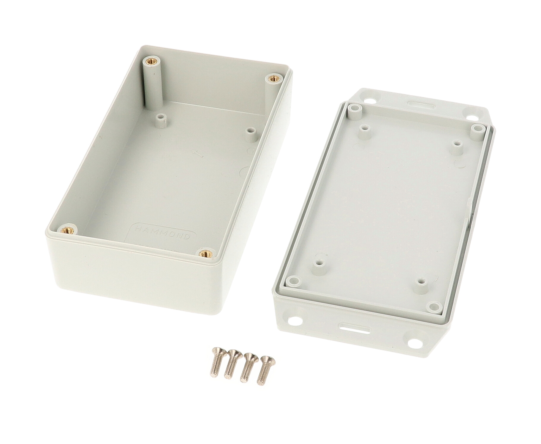 1591XXBFLGY light gray flame retardant ABS enclosure with flanged mounting lid