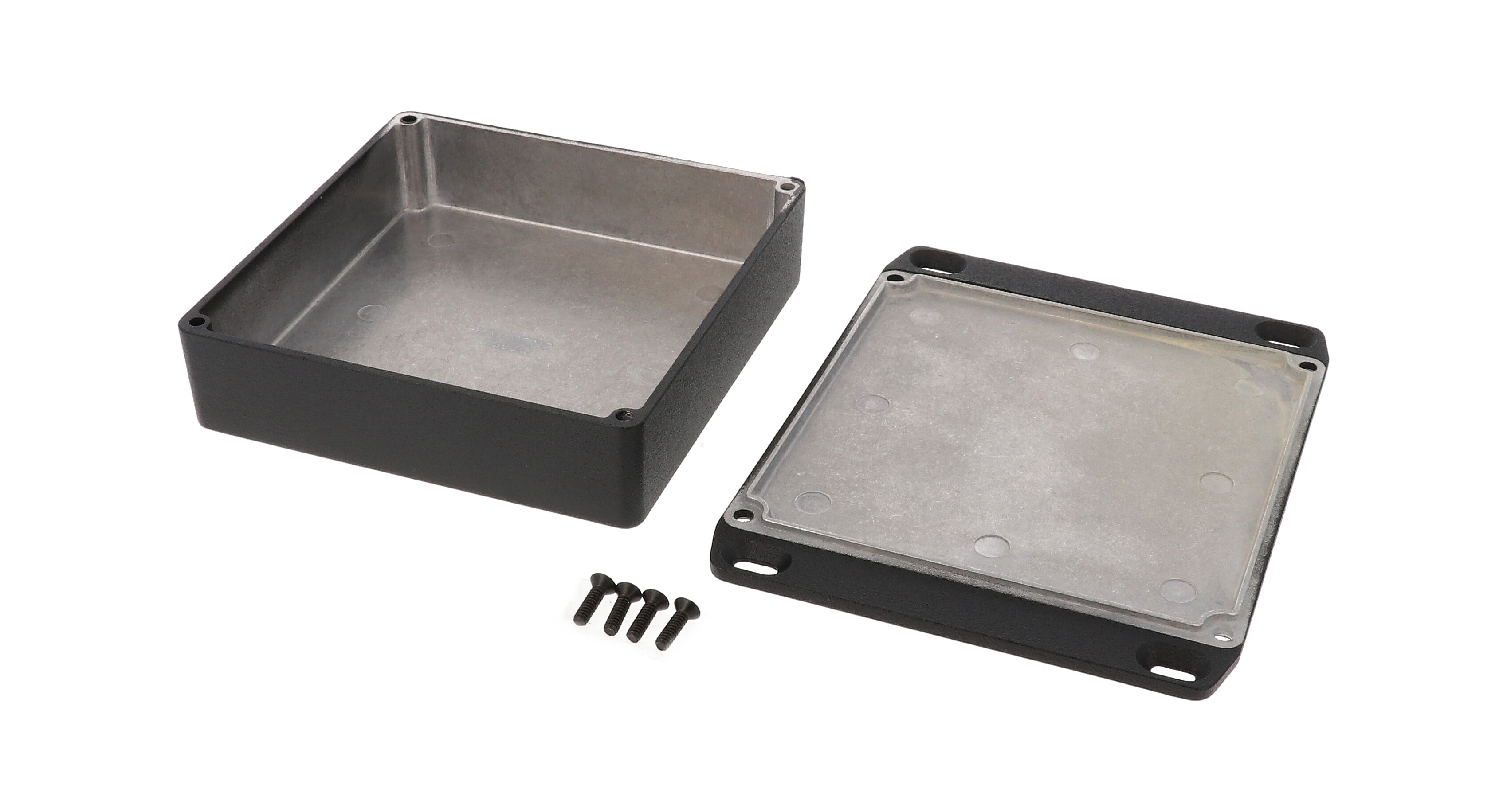 1590QFLBK black diecast aluminum enclosure with wall-mounting flanged lid, 120 x 120 x 34 mm