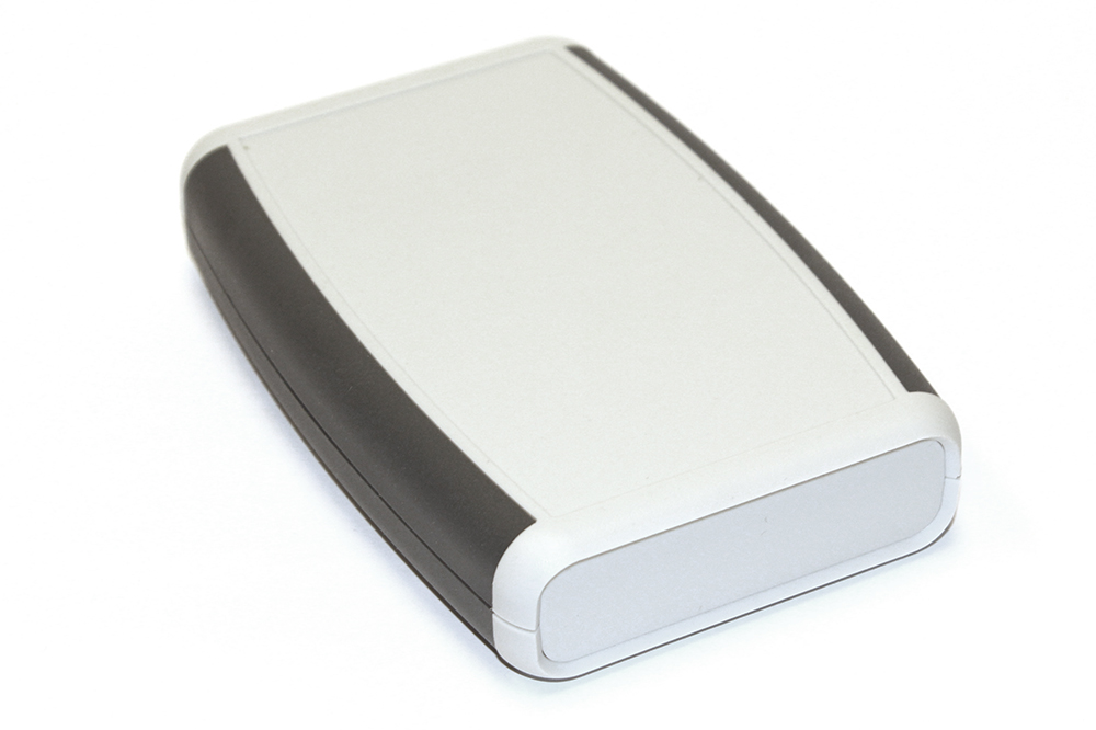 1553BGY grey ABS handheld enclosure with grey soft overmold and front panel
