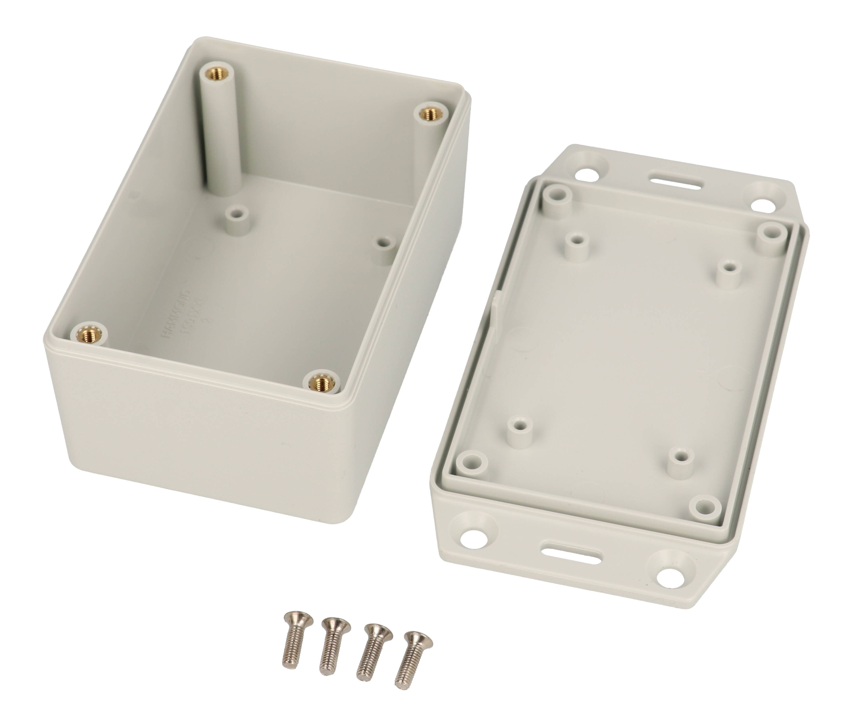 Hammond 1591XXLFLGY light gray ABS plastic enclosure with flanged lid, 1591XXL size, box and lid shown