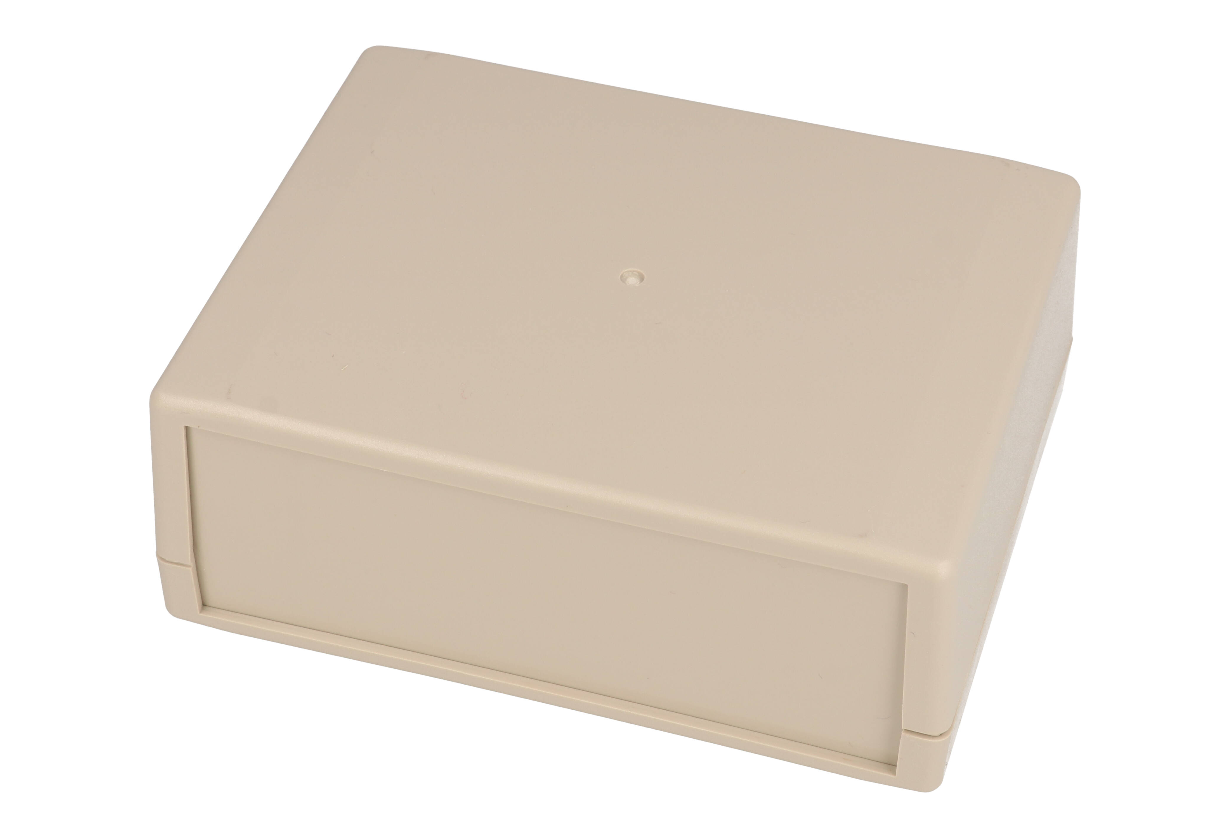 RM2015M light grey ABS instrument enclosure, 130 x 100 x 50 mm clam shell case with front and rear panels