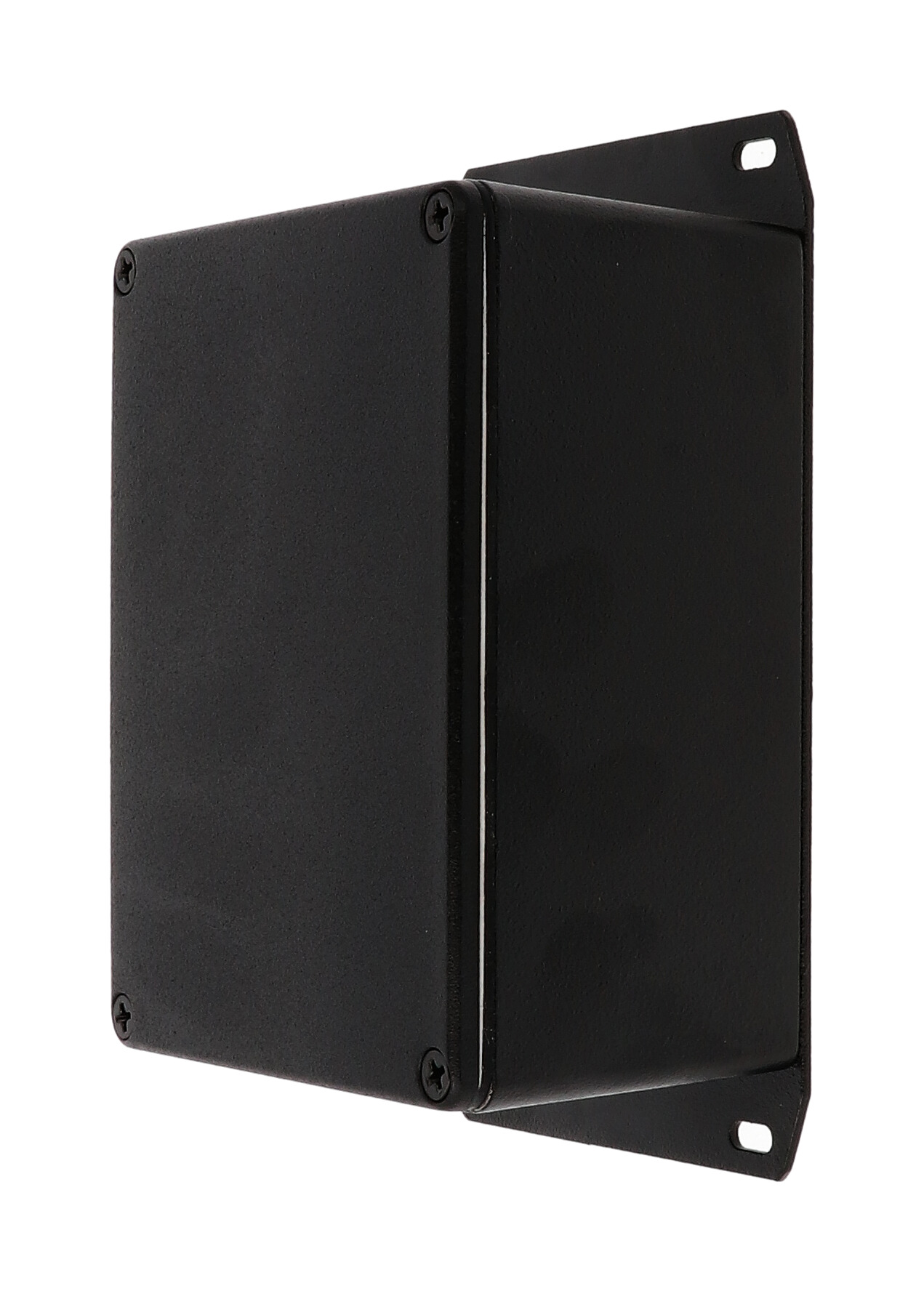 1590WCFBK textured black watertight diecast aluminum enclosure, 119 mm x 94 mm x 56 mm, with flanged bottom plate