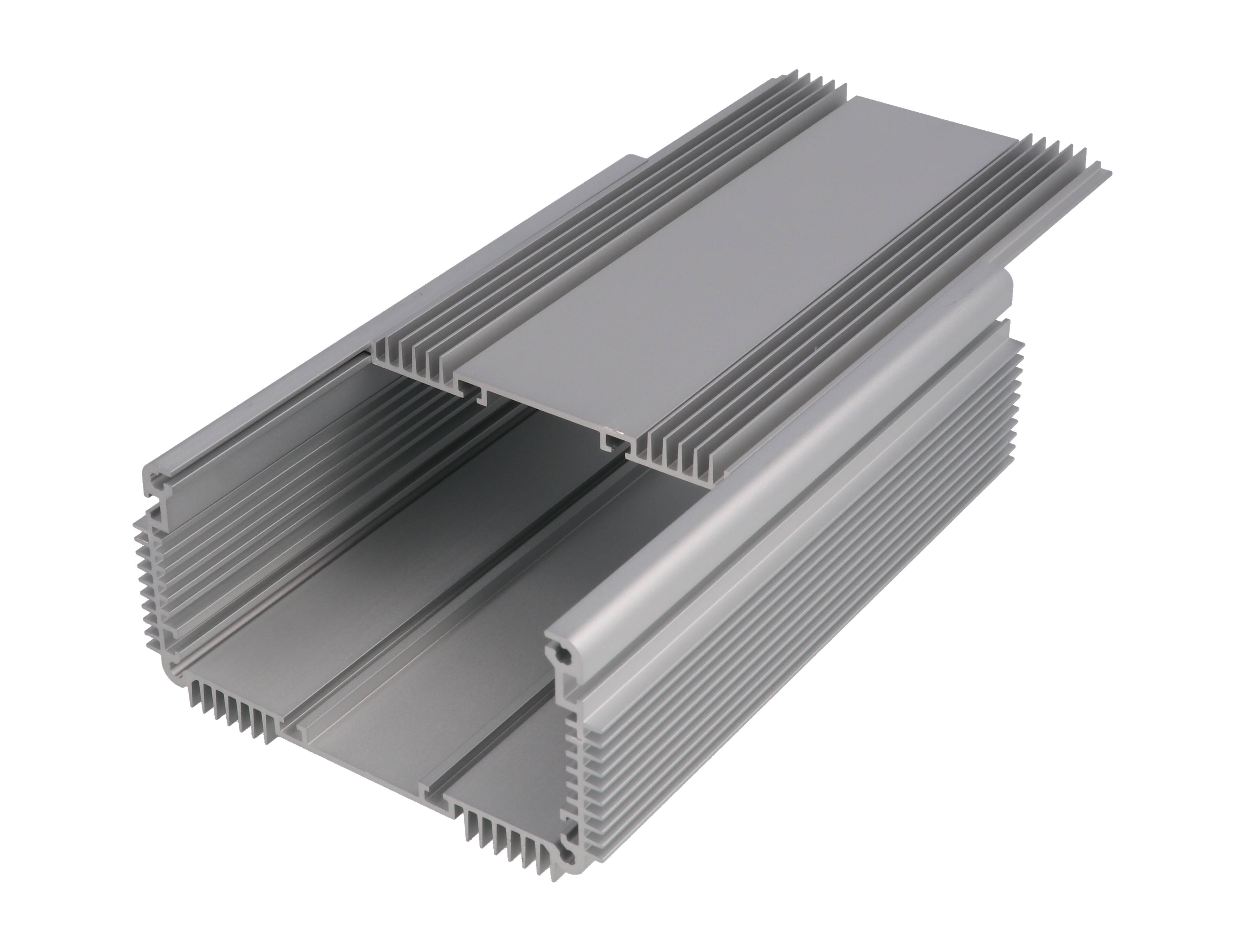 1455NHD1601 clear anodized finned heat dissipating extruded aluminum enclosure, 160 x 111 x 61 mm, with mounting flanges