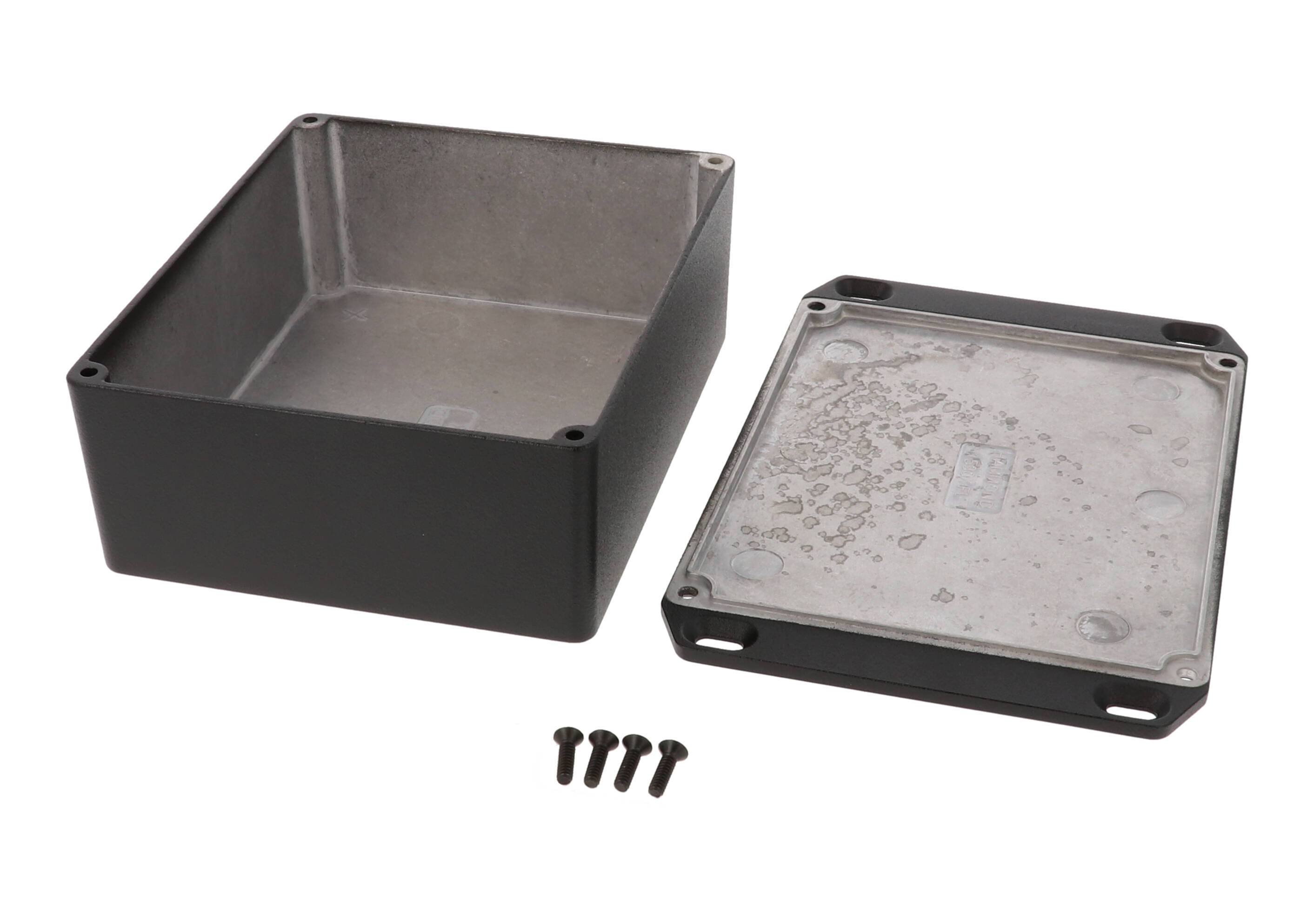 1590XFLBK textured black diecast aluminum enclosure with integrated flanged lid