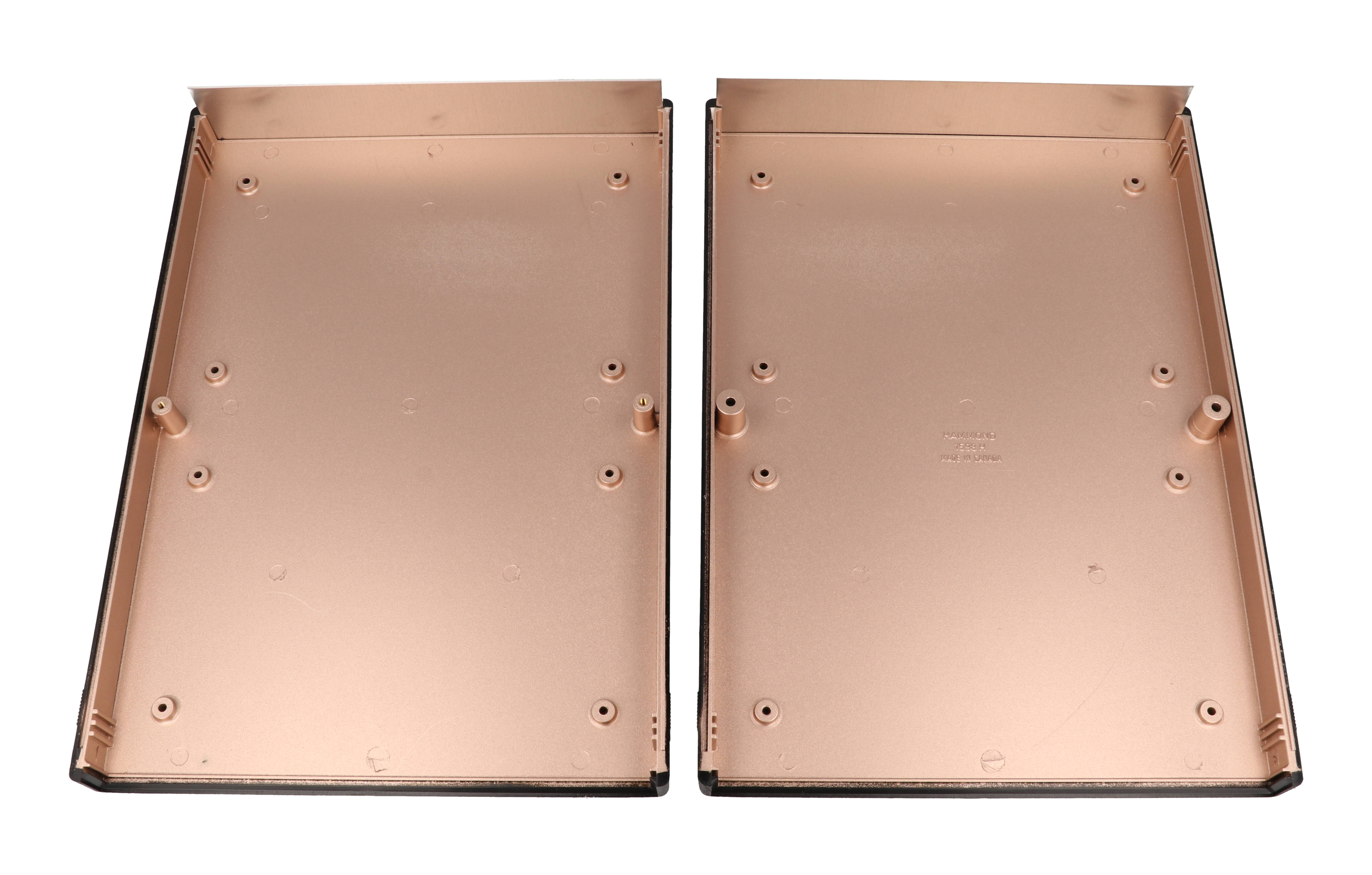 1598RHBK black ABS EMI/RFI shielded instrument enclosure, 281 x 200 x 41 mm, with brushed aluminum end panels