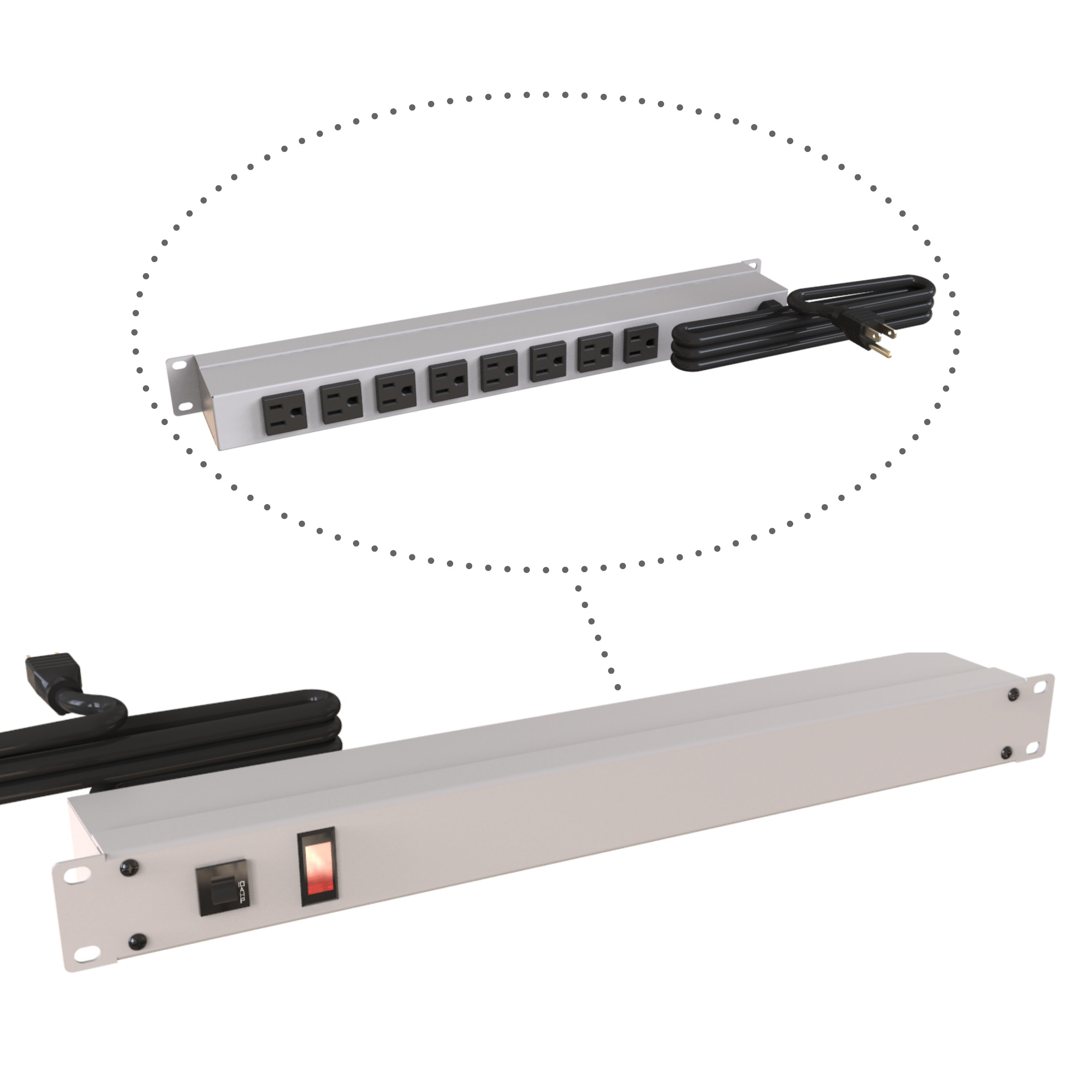 Hammond 1583T8A1 1U 19-inch rack mount PDU in ASA 61 gray with eight rear-facing 5-15R outlets and 6 ft 5-15P cord