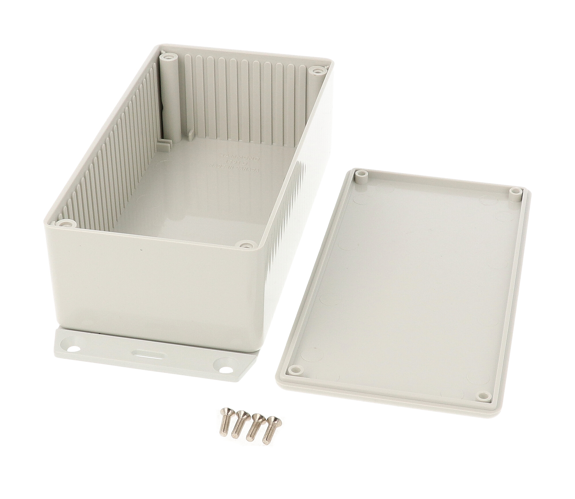 1591DF2GY light gray flame retardant ABS enclosure with bottom flange, 150 x 80 x 50 mm