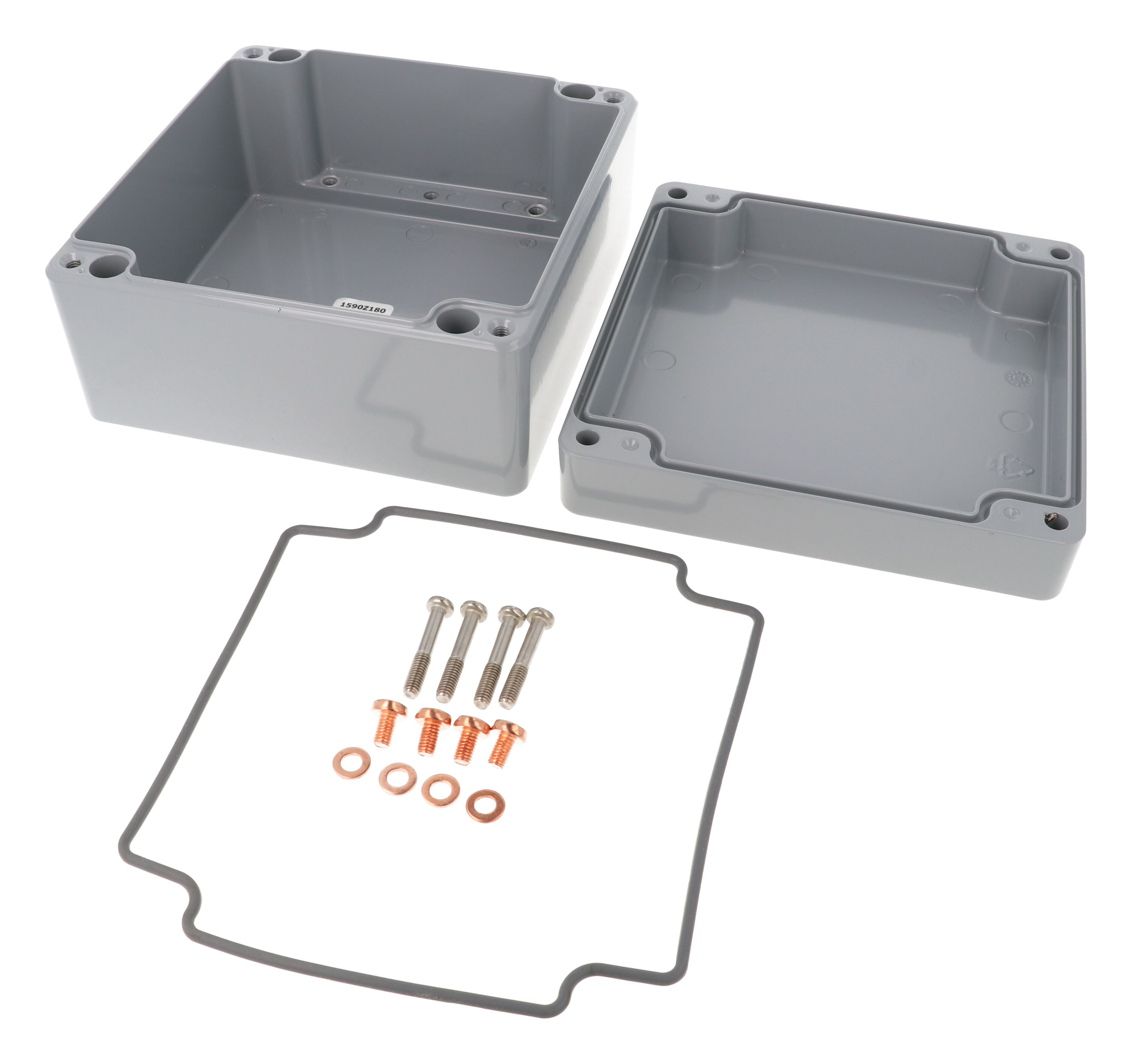 1590Z180GY smooth gray RAL 7001 180 mm square diecast aluminum enclosure, lid fitted