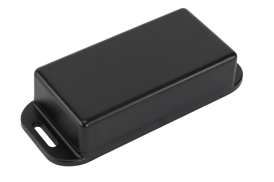 1551WKFLBK black 80 x 40 x 22 mm watertight polycarbonate enclosure with wall-mounting flanges