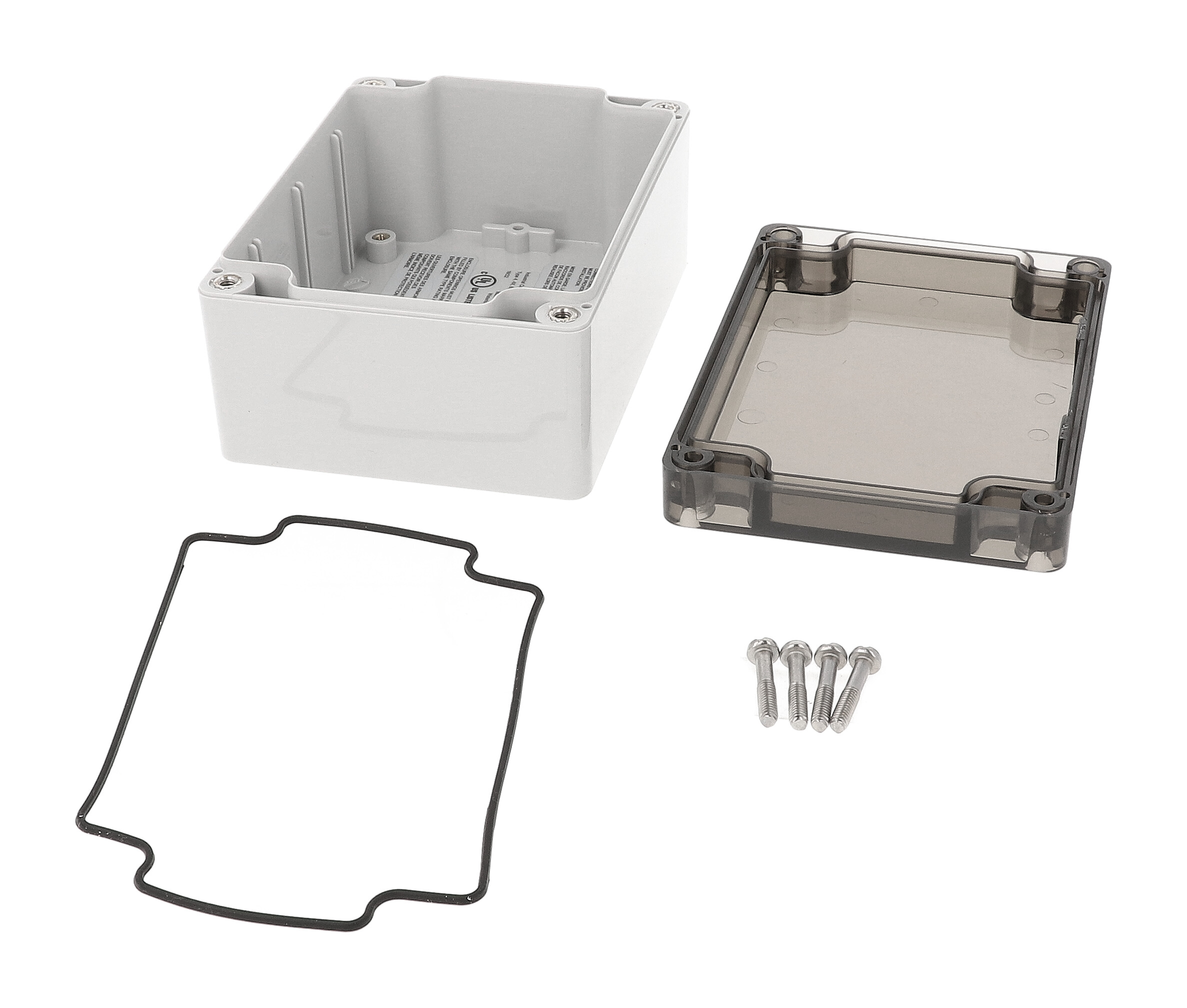 1554F2GYSL light gray polycarbonate enclosure fitted with a smoked tinted lid