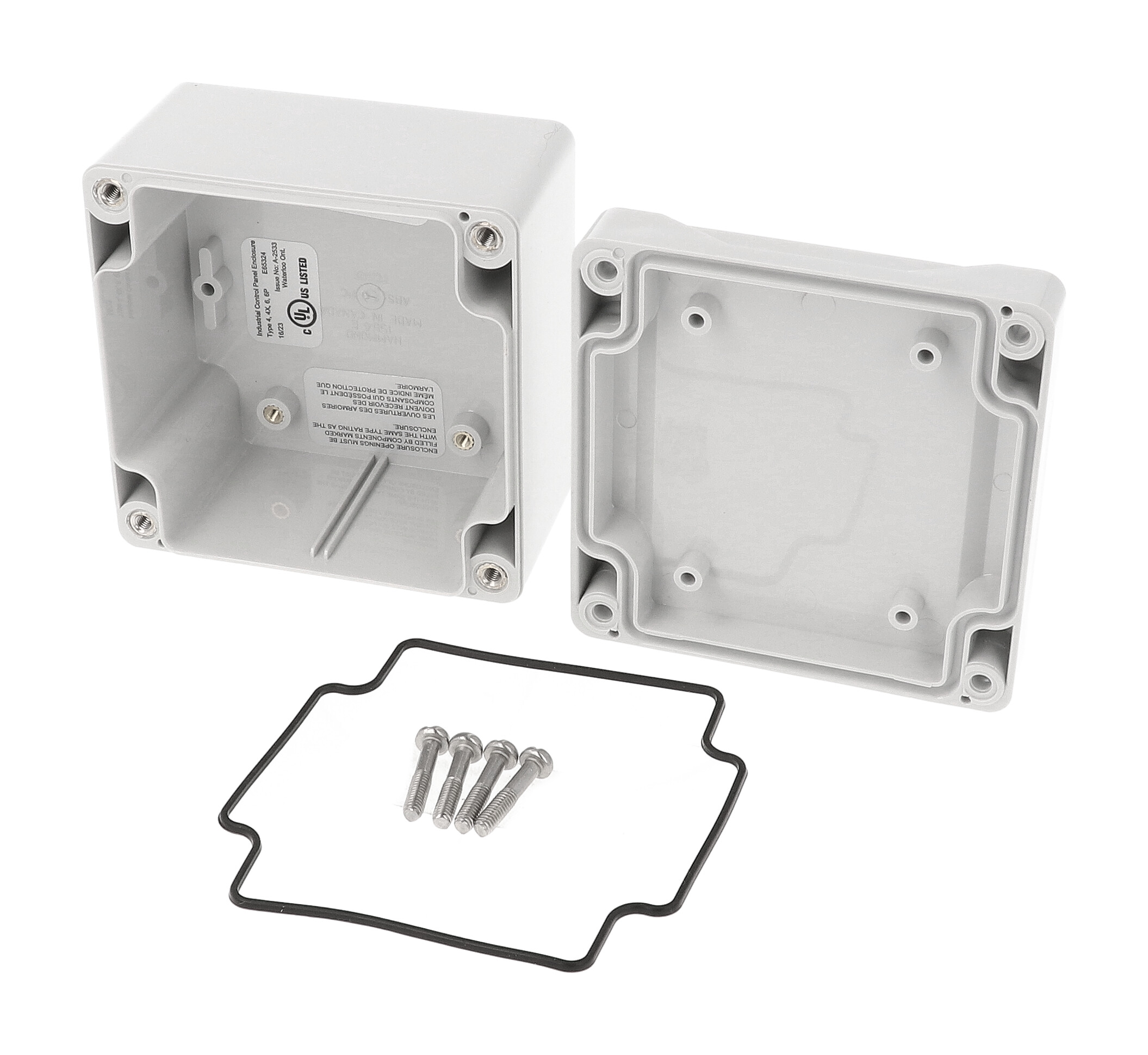 1555E2GY light gray square polycarbonate NEMA 4X enclosure, 90 x 90 x 61 mm