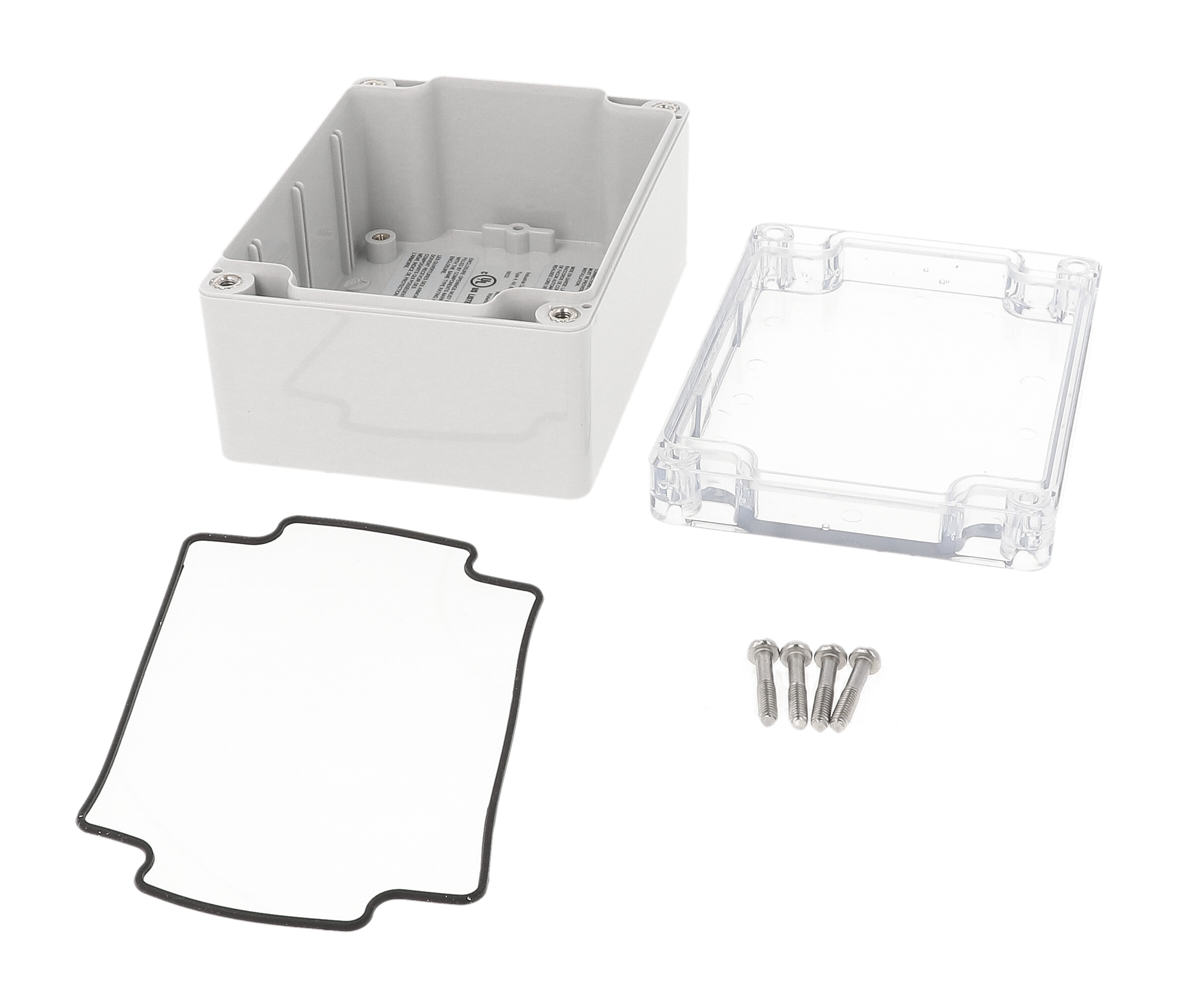 1554F2GYCL gray polycarbonate enclosure with clear polycarbonate lid showing the interior