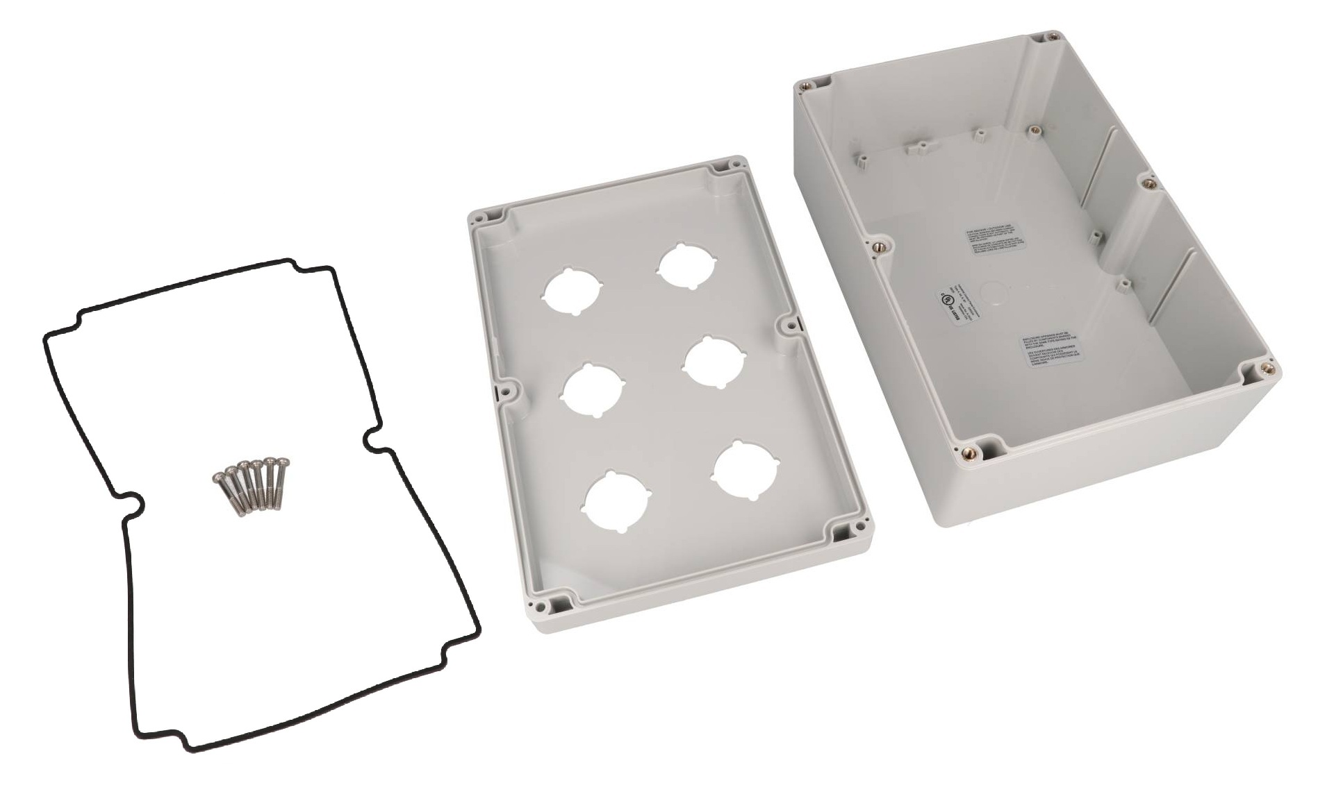 1554MPB6A six-hole gray polycarbonate 22.5 mm pushbutton enclosure with six-screw lid