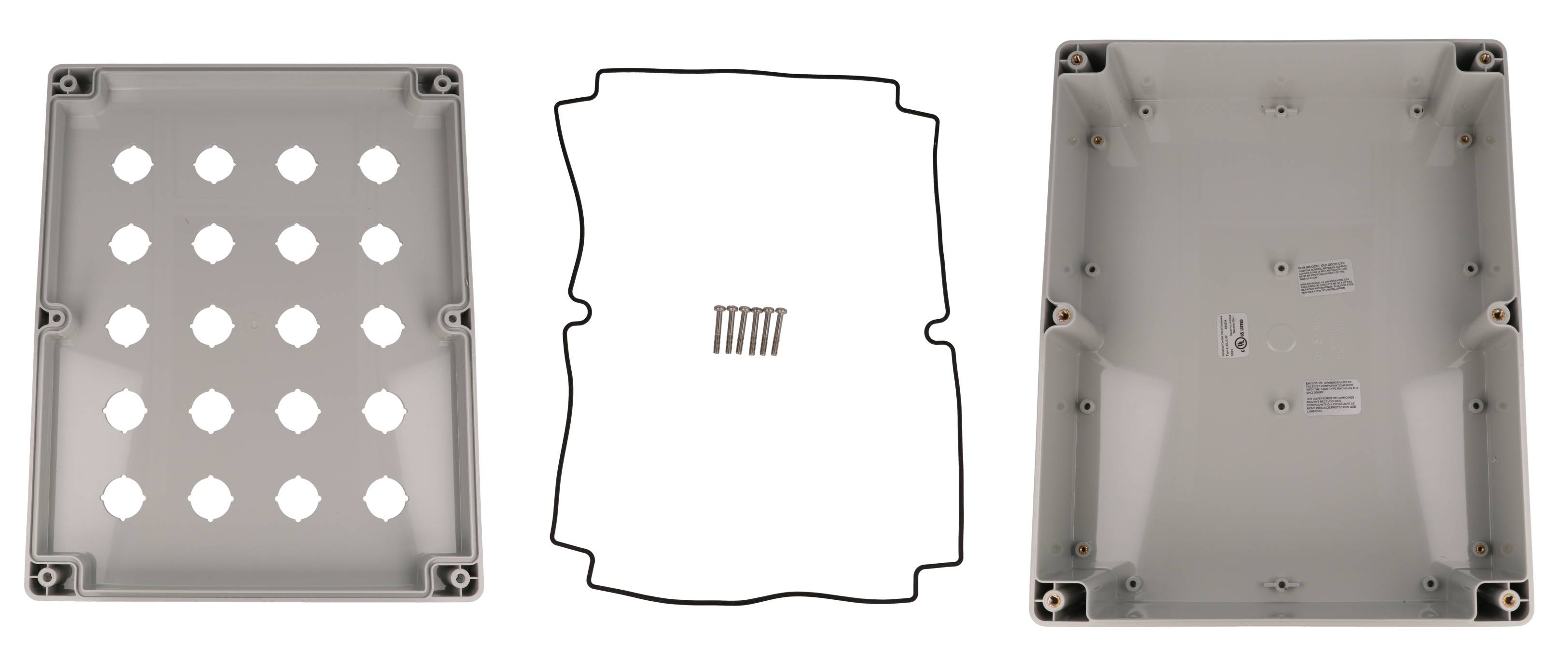 1554MPB20 light gray polycarbonate enclosure with 20 holes for 22.5 mm pushbuttons