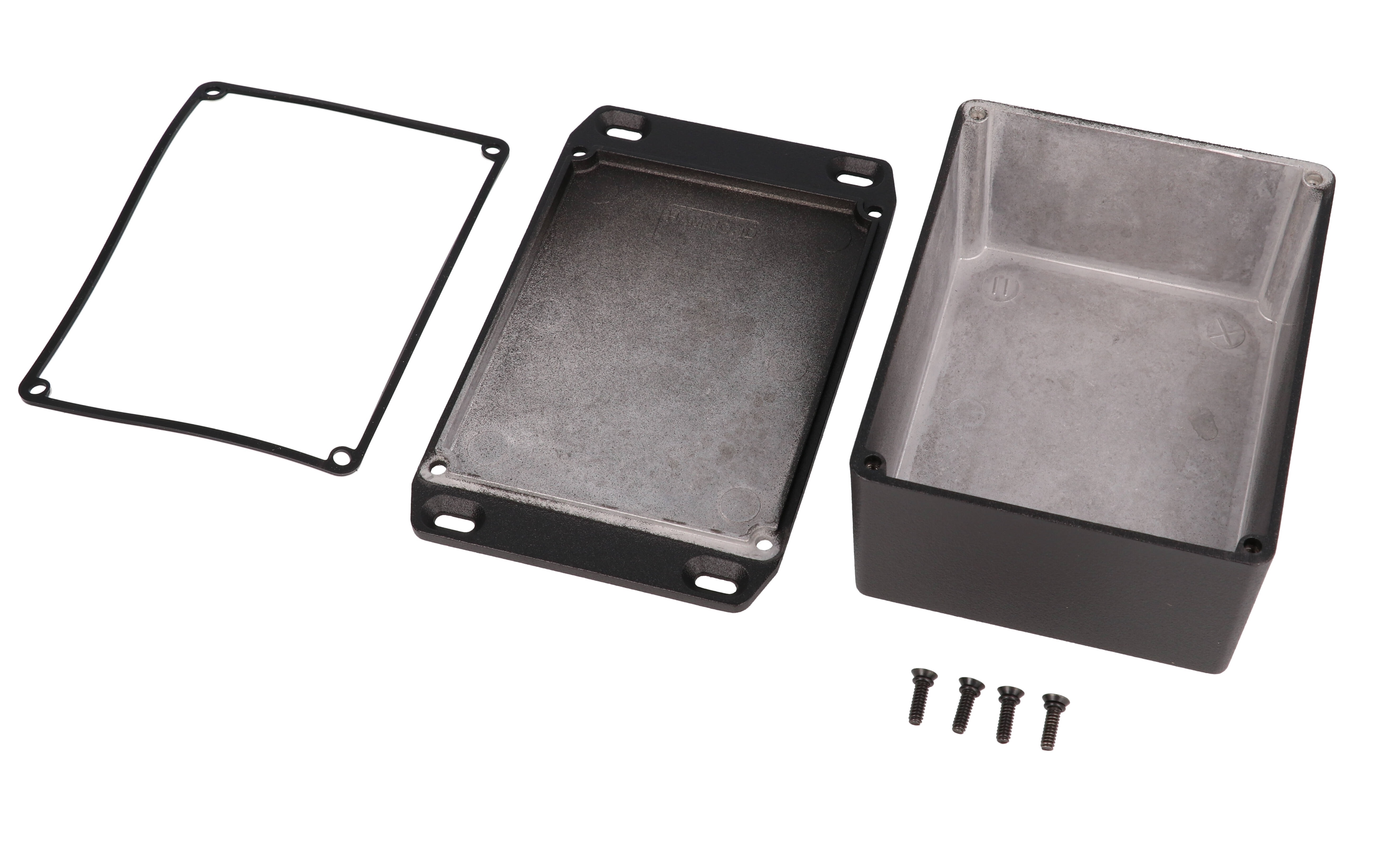 1590WCFLBK textured black watertight diecast aluminum enclosure, 119 mm x 94 mm x 56 mm, with flanged lid