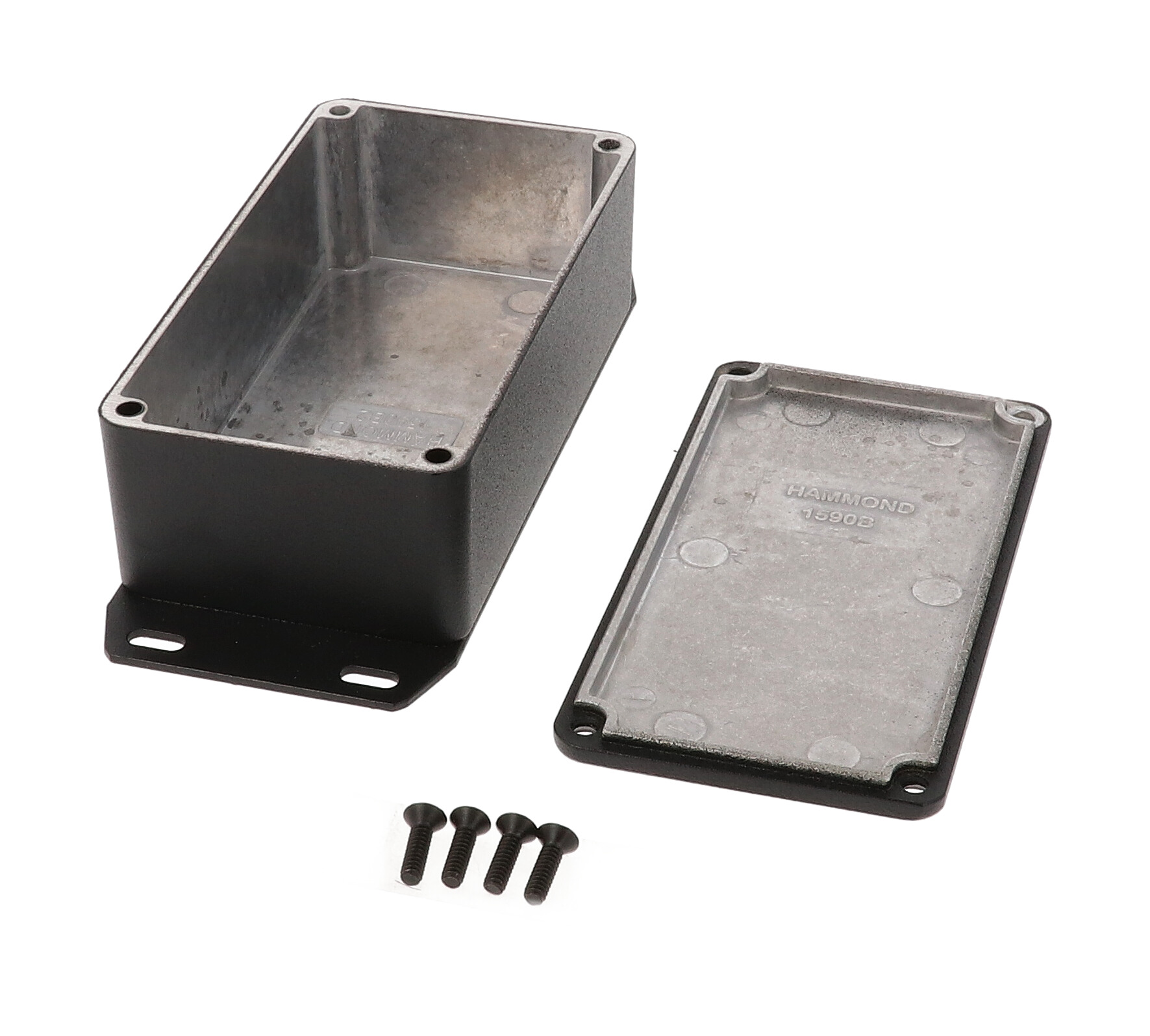 1590B2FBK textured black diecast aluminum enclosure with flanged bottom plate