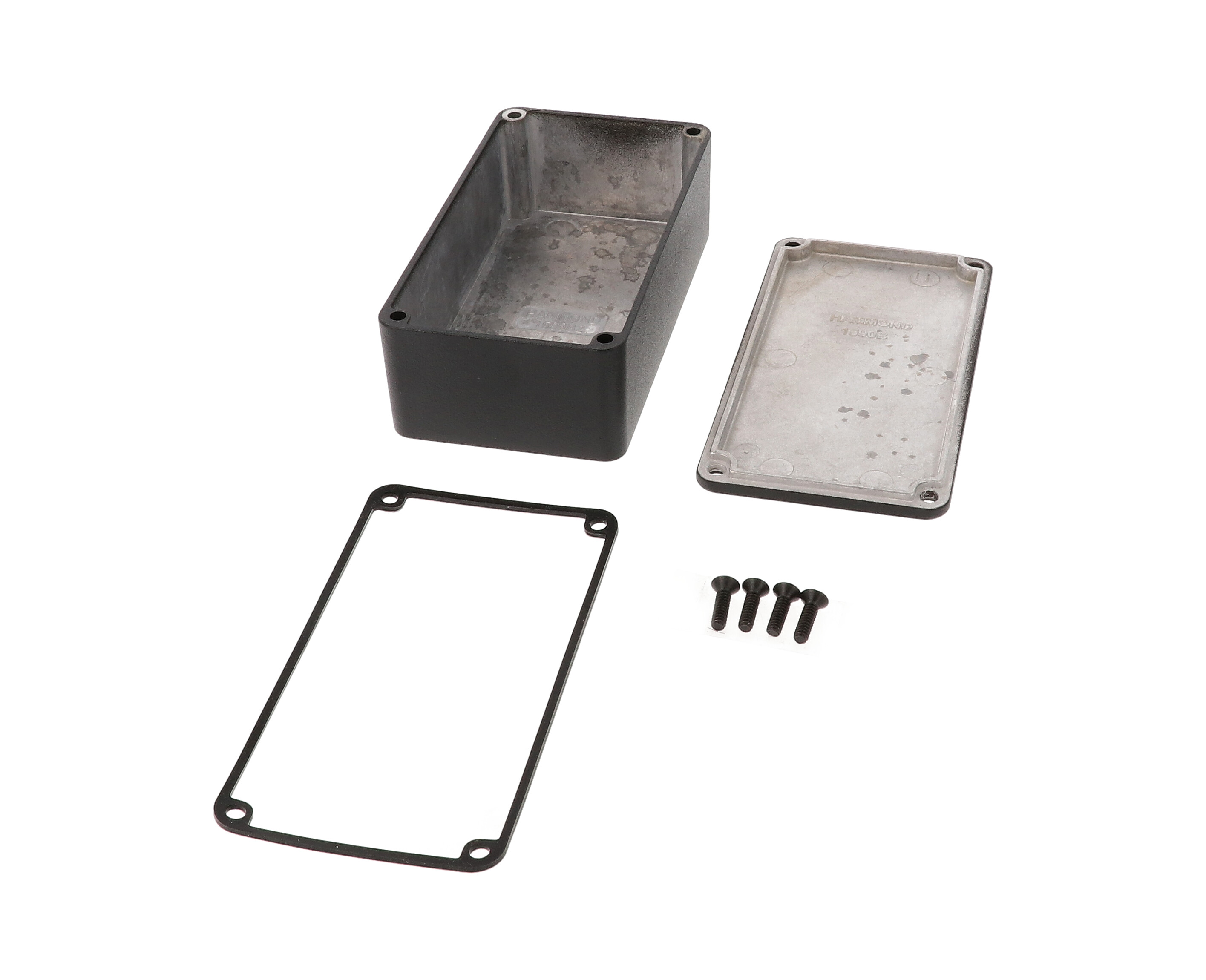 1590WB2BK black textured IP65 watertight diecast enclosure, 112 x 61 x 38 mm, no mounting flanges