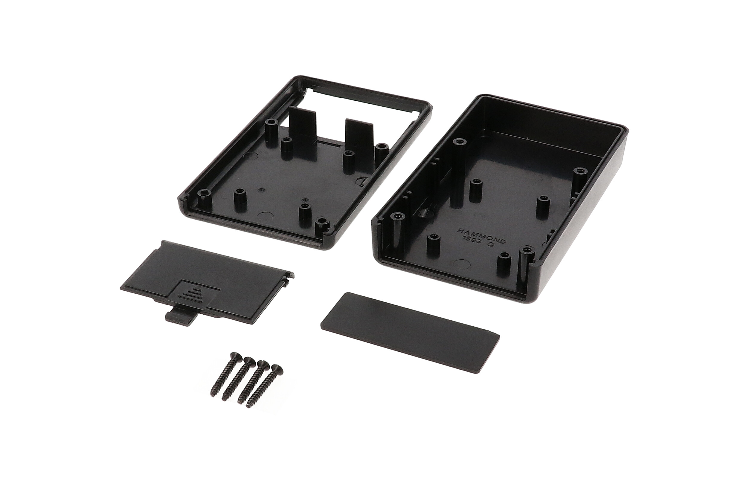 1593QBK black ABS hand-held enclosure with battery compartment door
