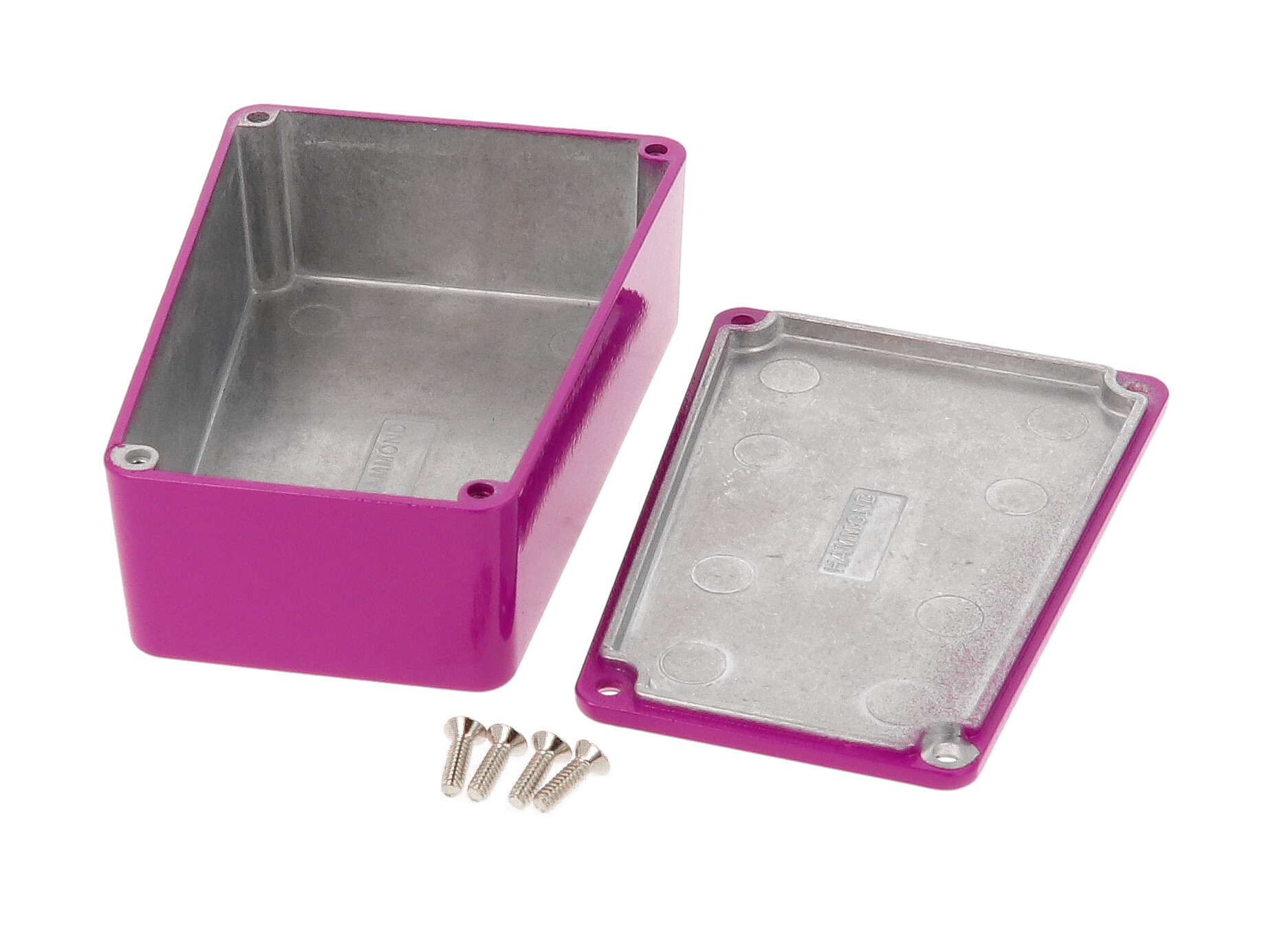1590TRPBPR purple painted diecast aluminum narrow trapezoid stomp box enclosure with lid and cover screws