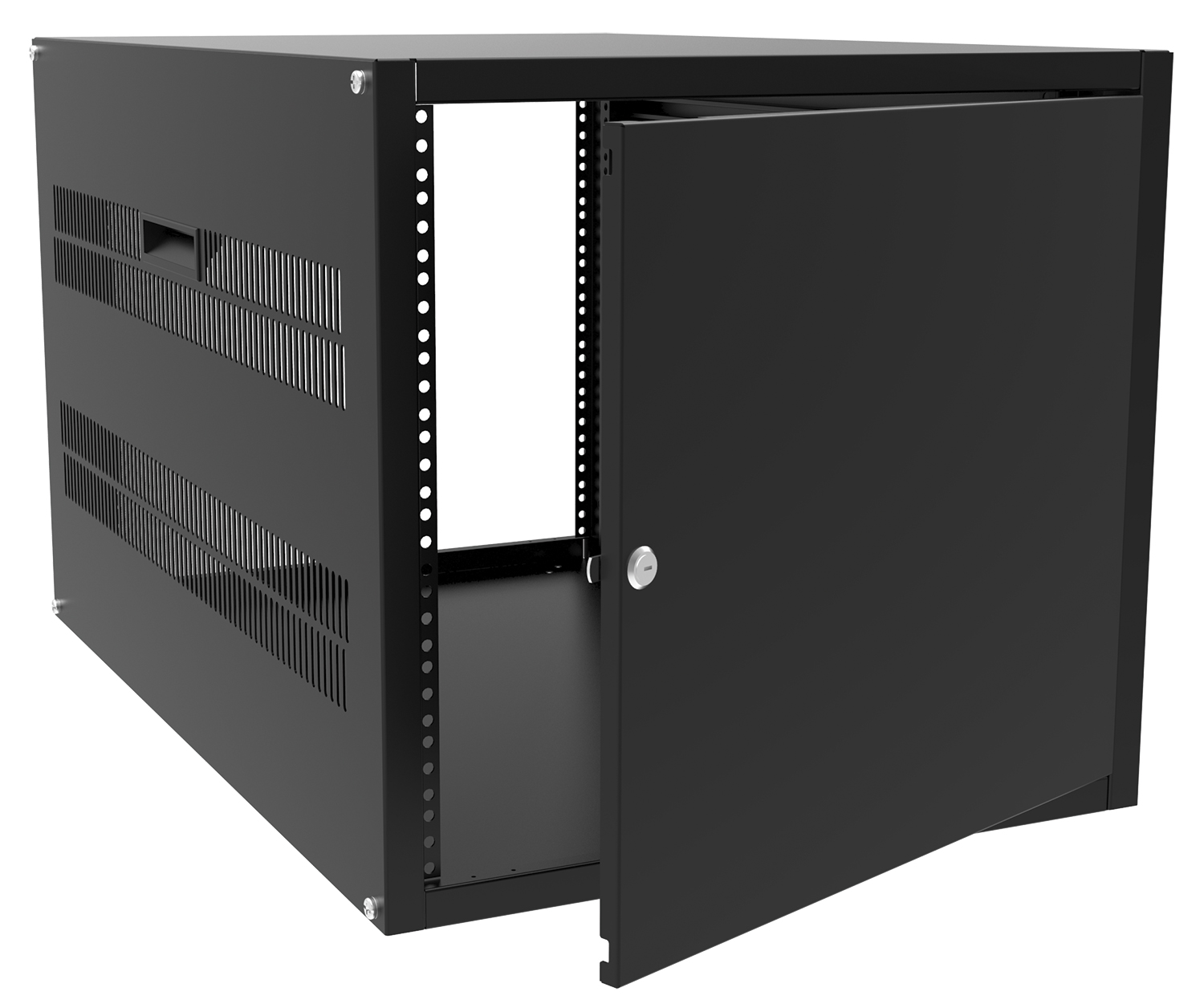 Hammond RCHD1908BK1 5U solid locking door in textured black steel for RCH cabinets, with installed lock