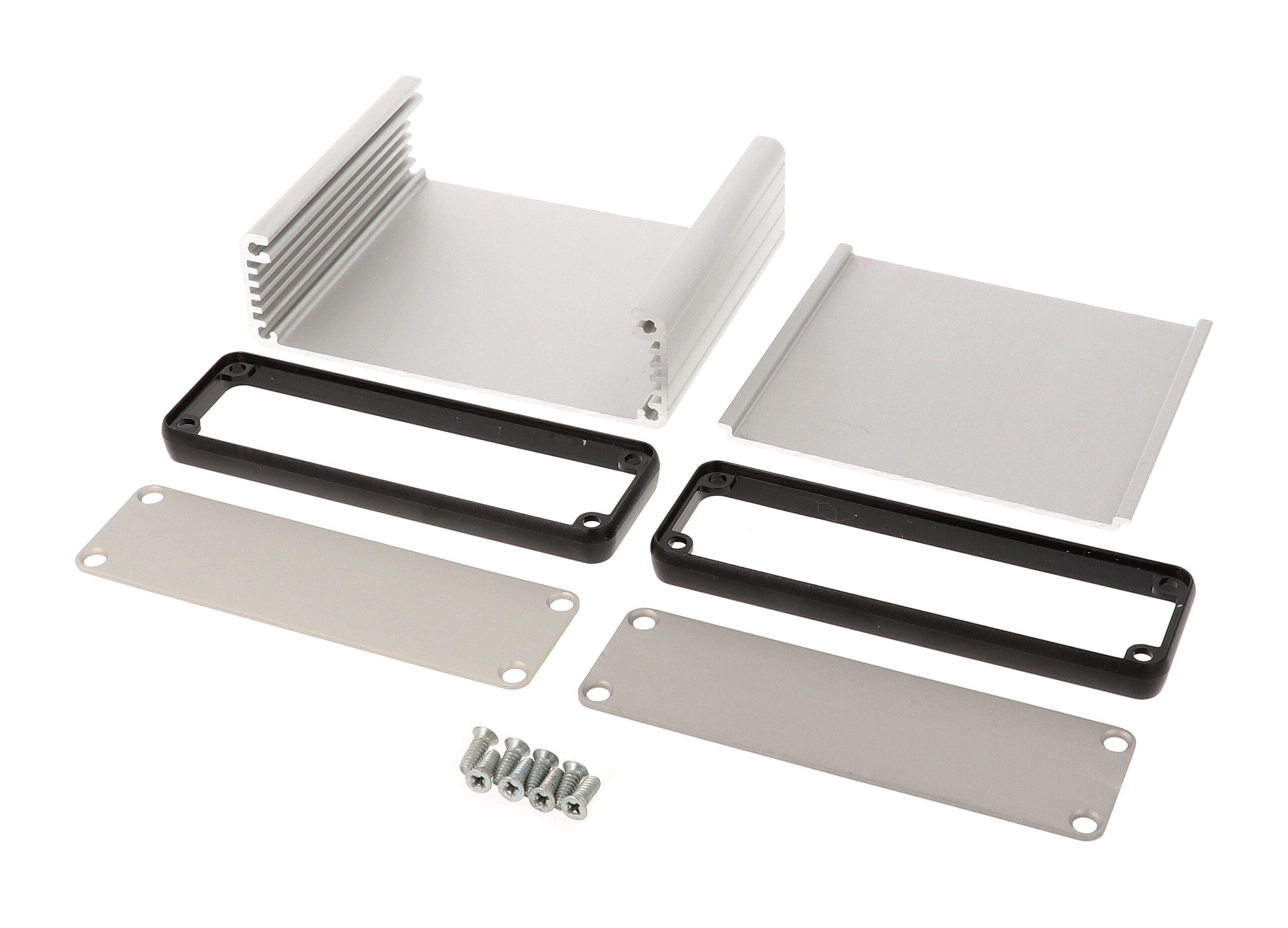 1455L801 clear anodized extruded aluminum PC board enclosure, 80 x 103 x 30.5 mm, with aluminum end panels and black bezels