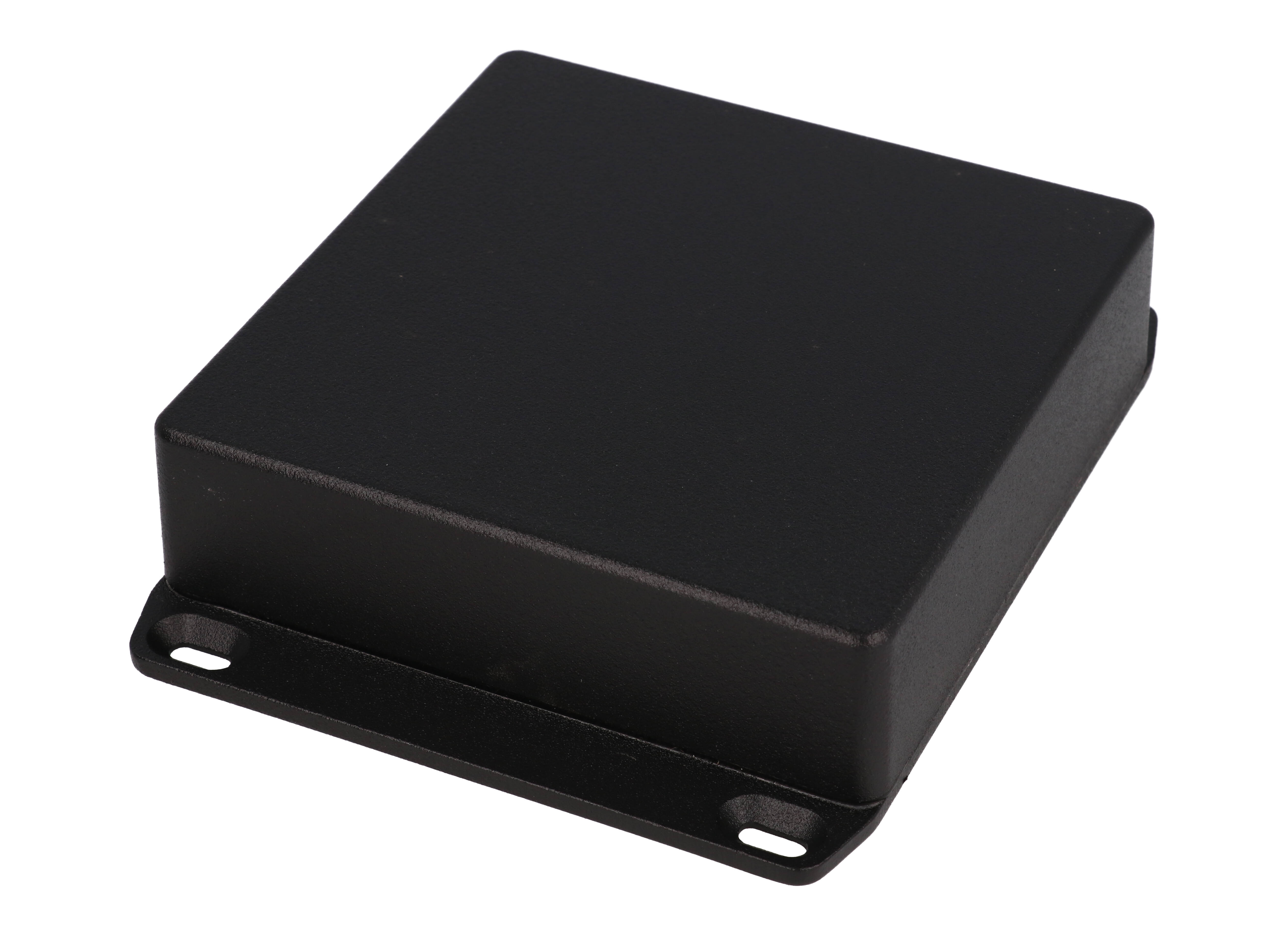 1590WQFLBK black textured IP65 water-tight diecast aluminum enclosure with a wall-mounting flanged lid, 120x120x34mm
