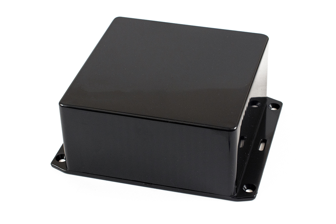 1591UFLBK black flame retardant ABS enclosure with flanged wall mounting lid, 120 x 120 x 59 mm