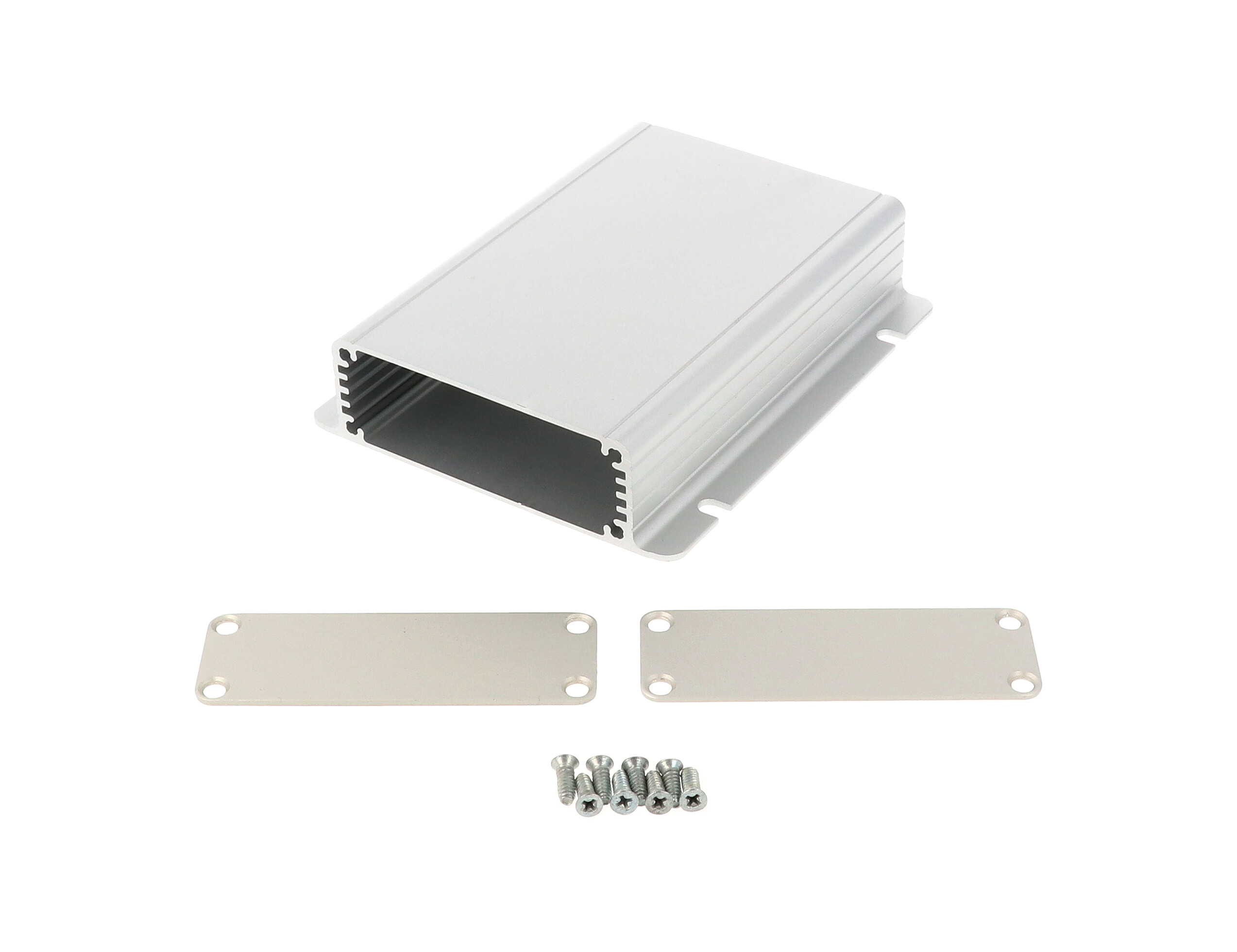 1455JF1201 clear anodized extruded aluminum enclosure with integrated slotted mounting flanges