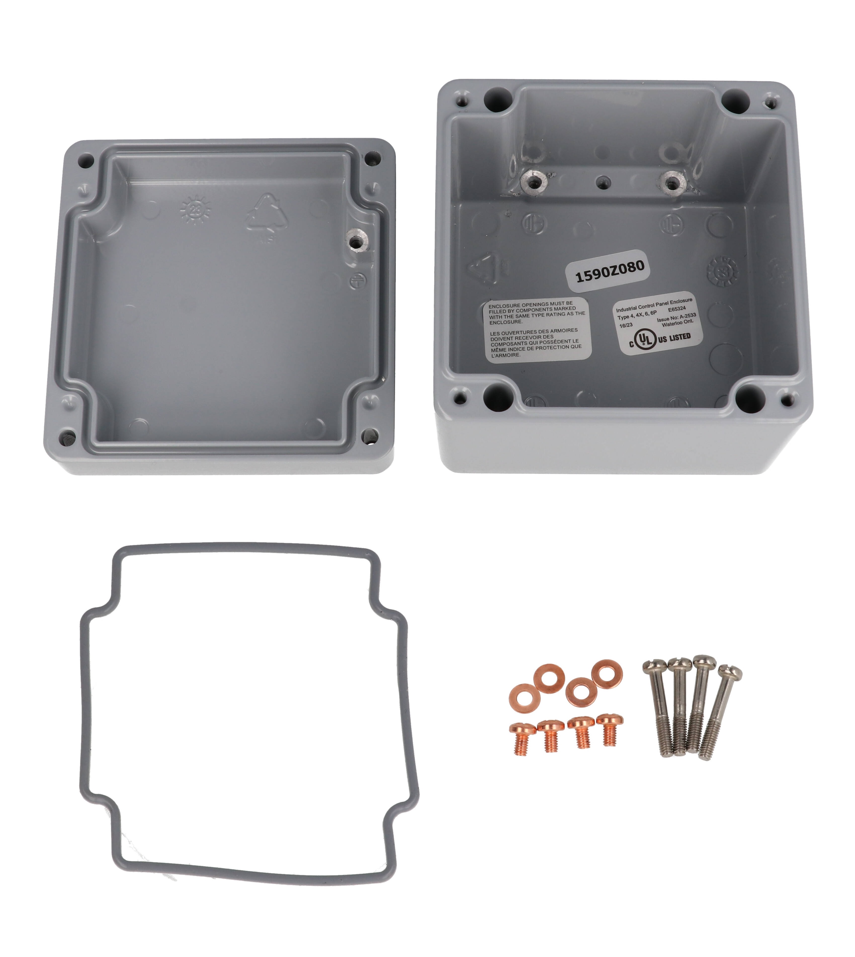 1590Z080GY square smooth gray RAL 7001 diecast aluminum enclosure, 100 x 100 x 80 mm, with gasketed lid and four recessed lid screws