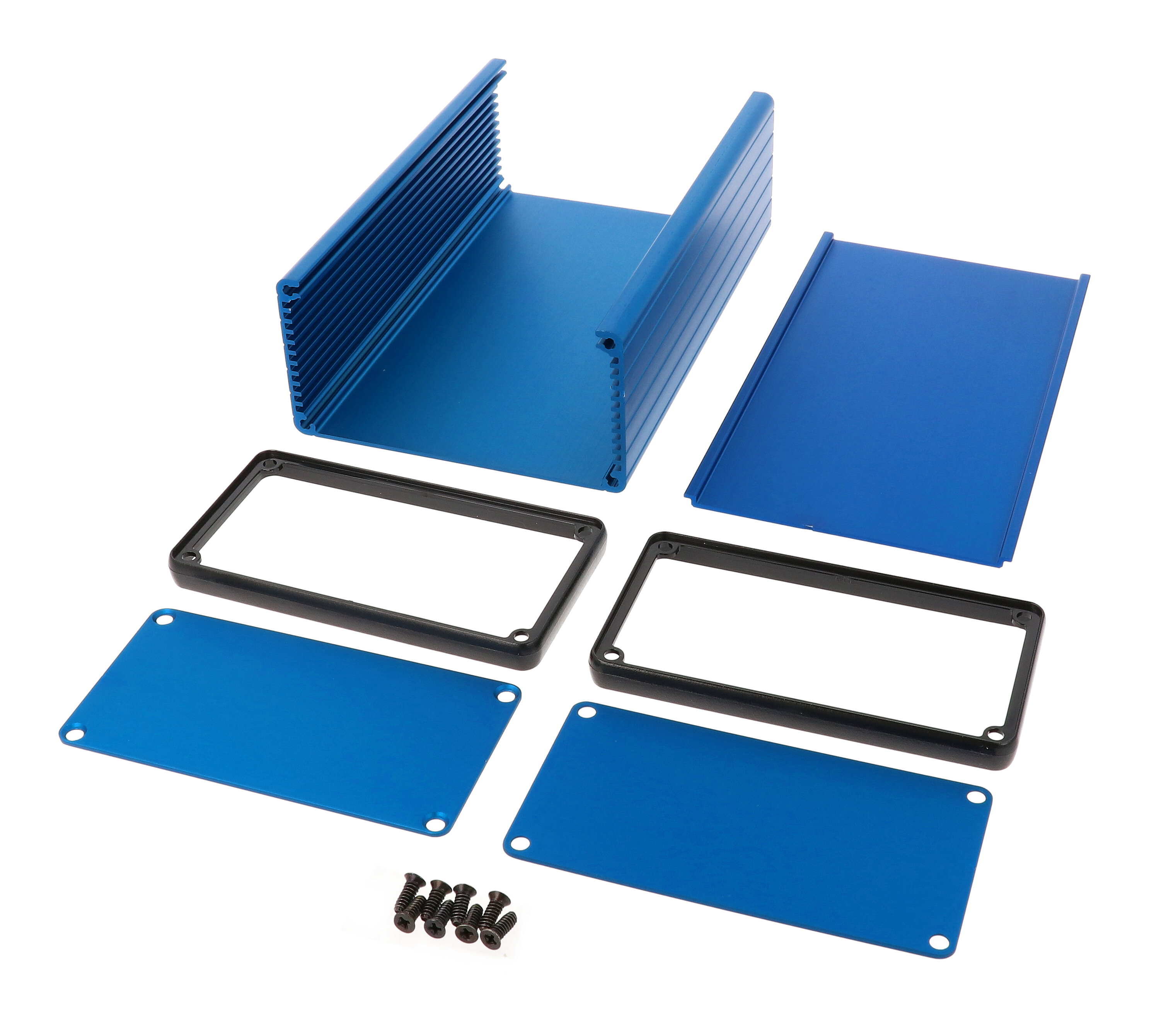 1455N1601BU blue anodized extruded aluminum enclosure, 160 x 103 x 53 mm, with metal end panels