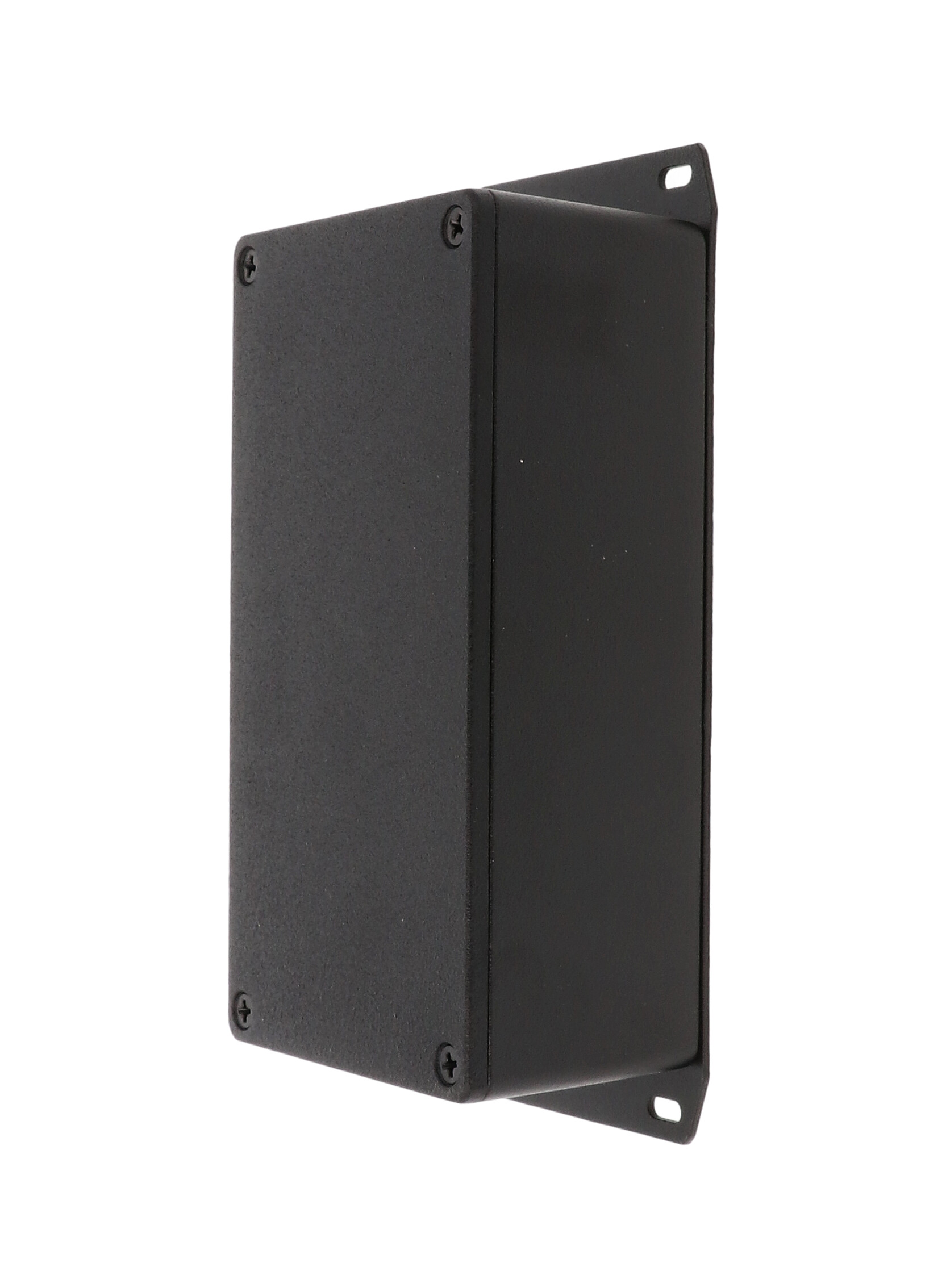 1590P1FBK black textured 153 x 83 x 50 mm diecast aluminum enclosure with welded bottom mounting flange
