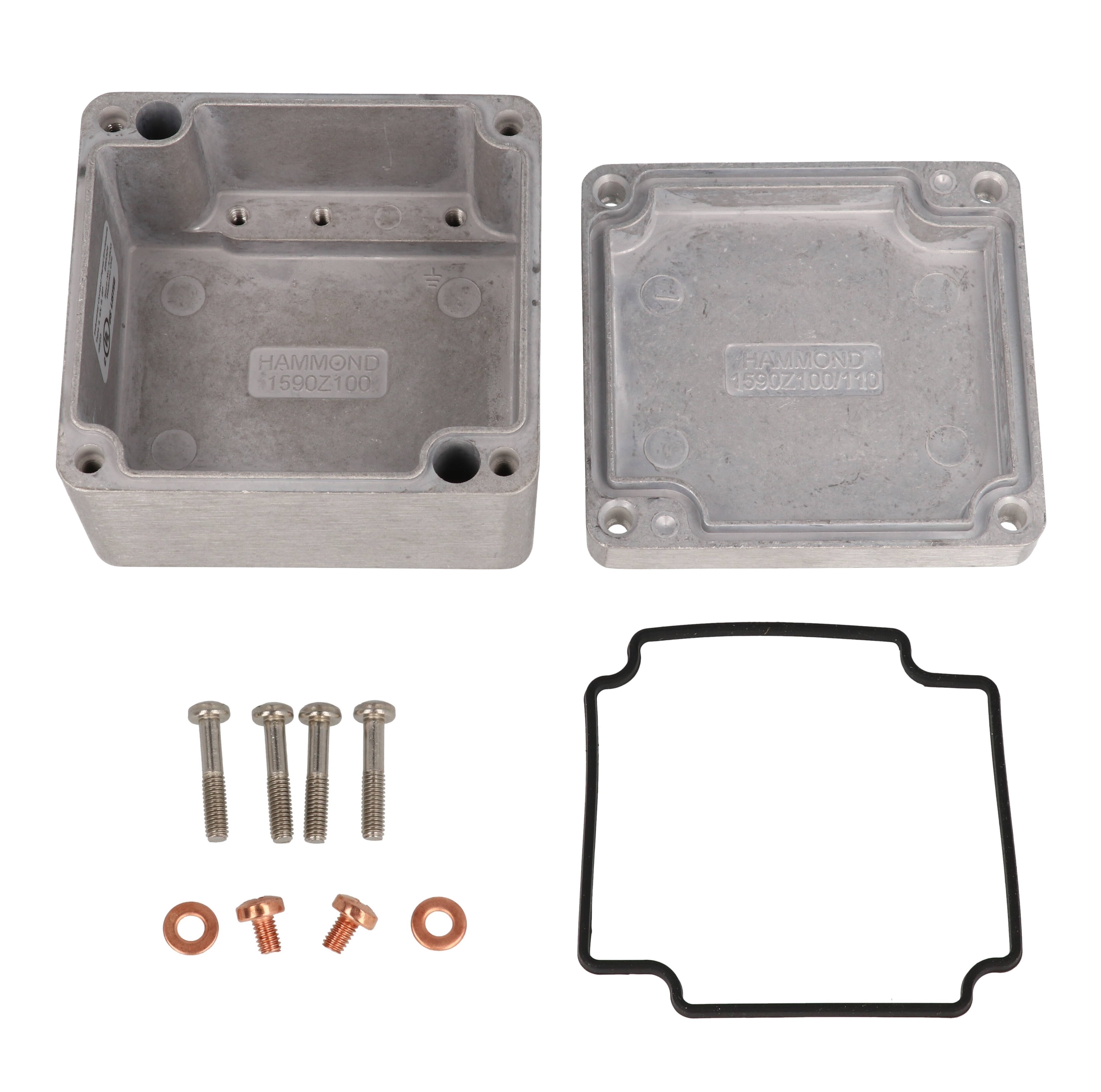 1590Z100 natural (unfinished) aluminum 80 x 75 x 52 mm heavy-duty diecast aluminum enclosure with four recessed lid screws
