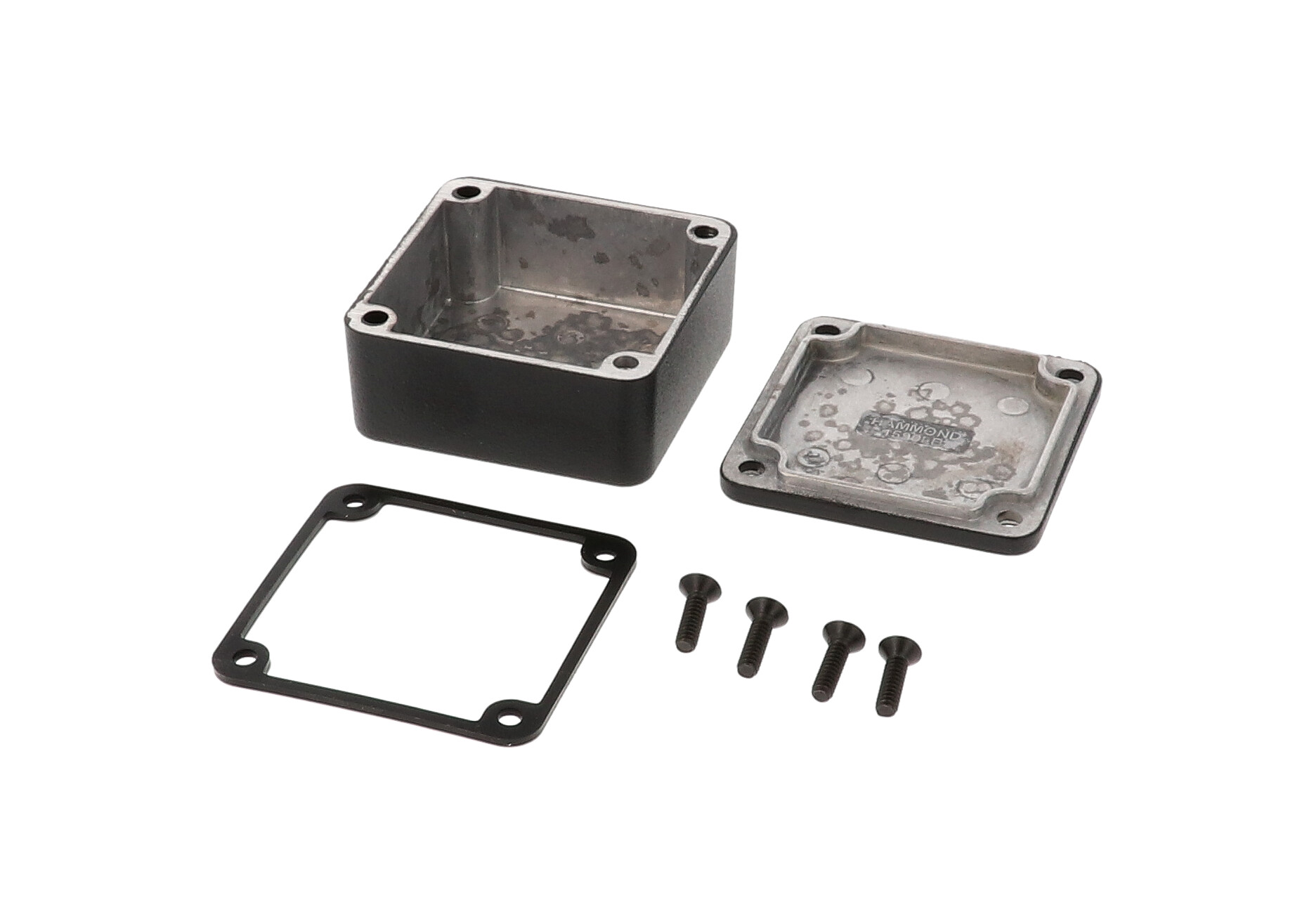 1590WLLBBK black low-profile watertight diecast aluminum enclosure, 51 x 51 x 25 mm