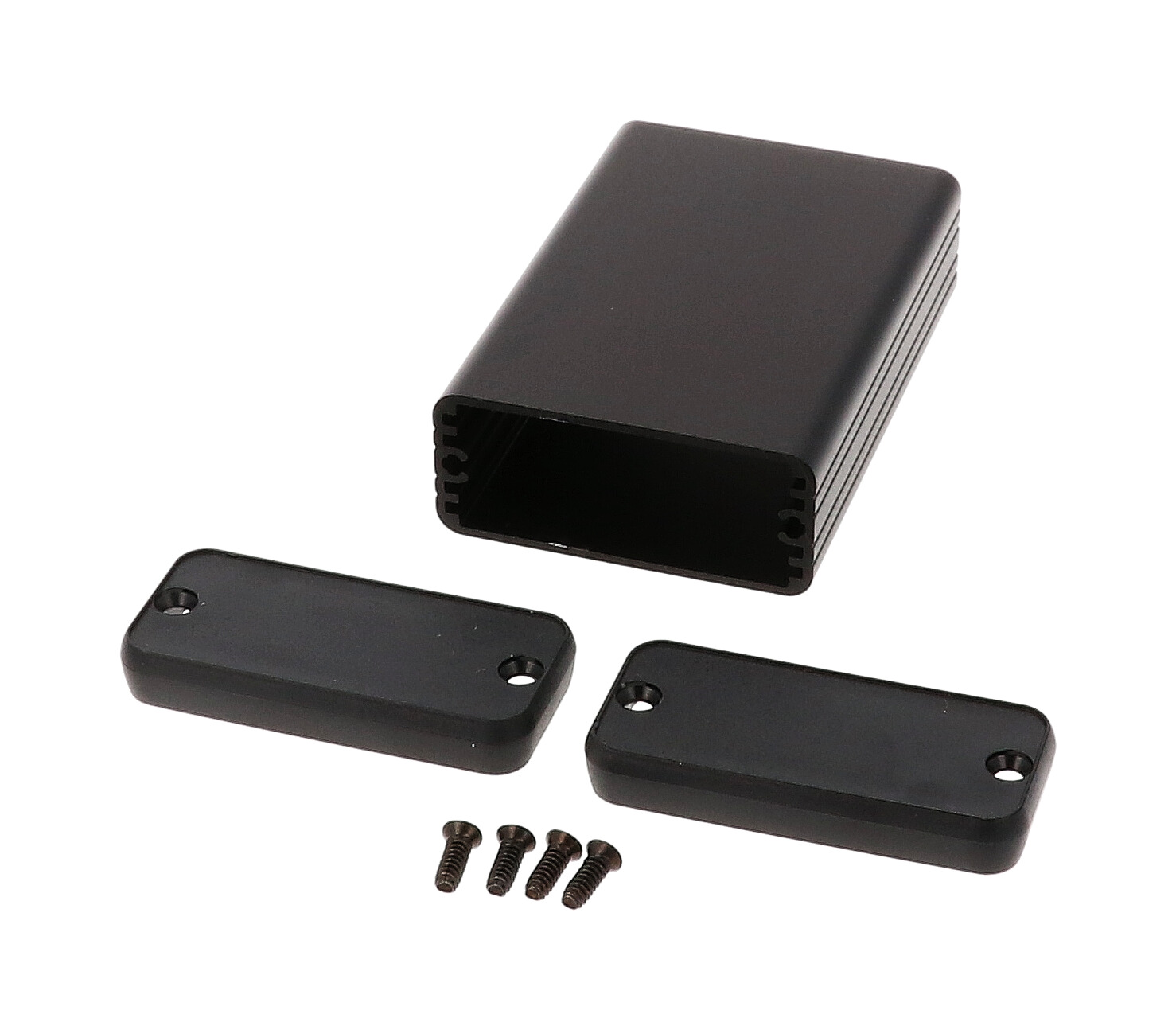 1455C802BK black anodized extruded aluminum PC board enclosure, 80 x 54 x 23 mm, with plastic end panels