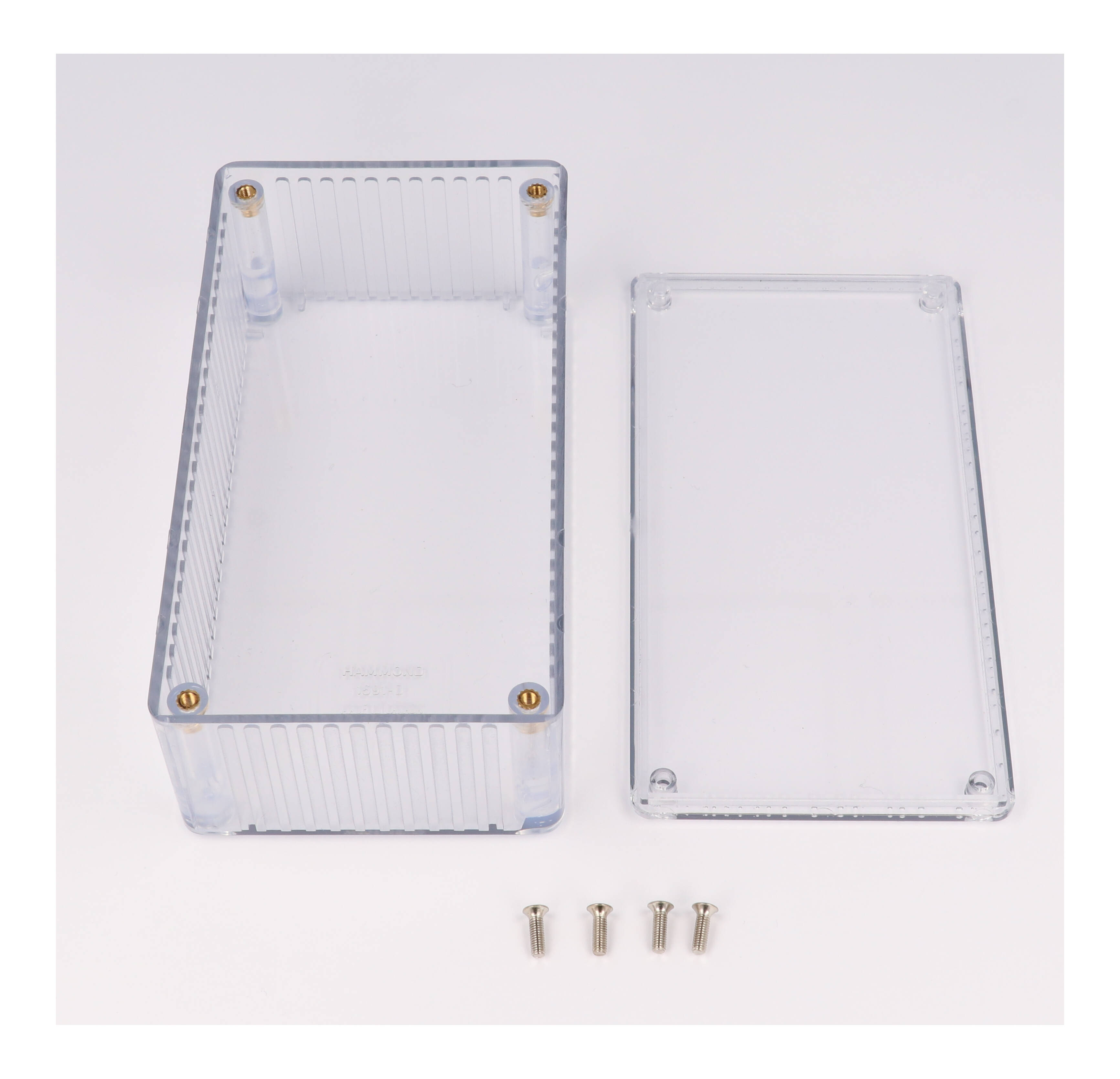 1591DTCL crystal clear translucent polycarbonate enclosure, 150 x 80 x 50 mm, with lid and cover screws