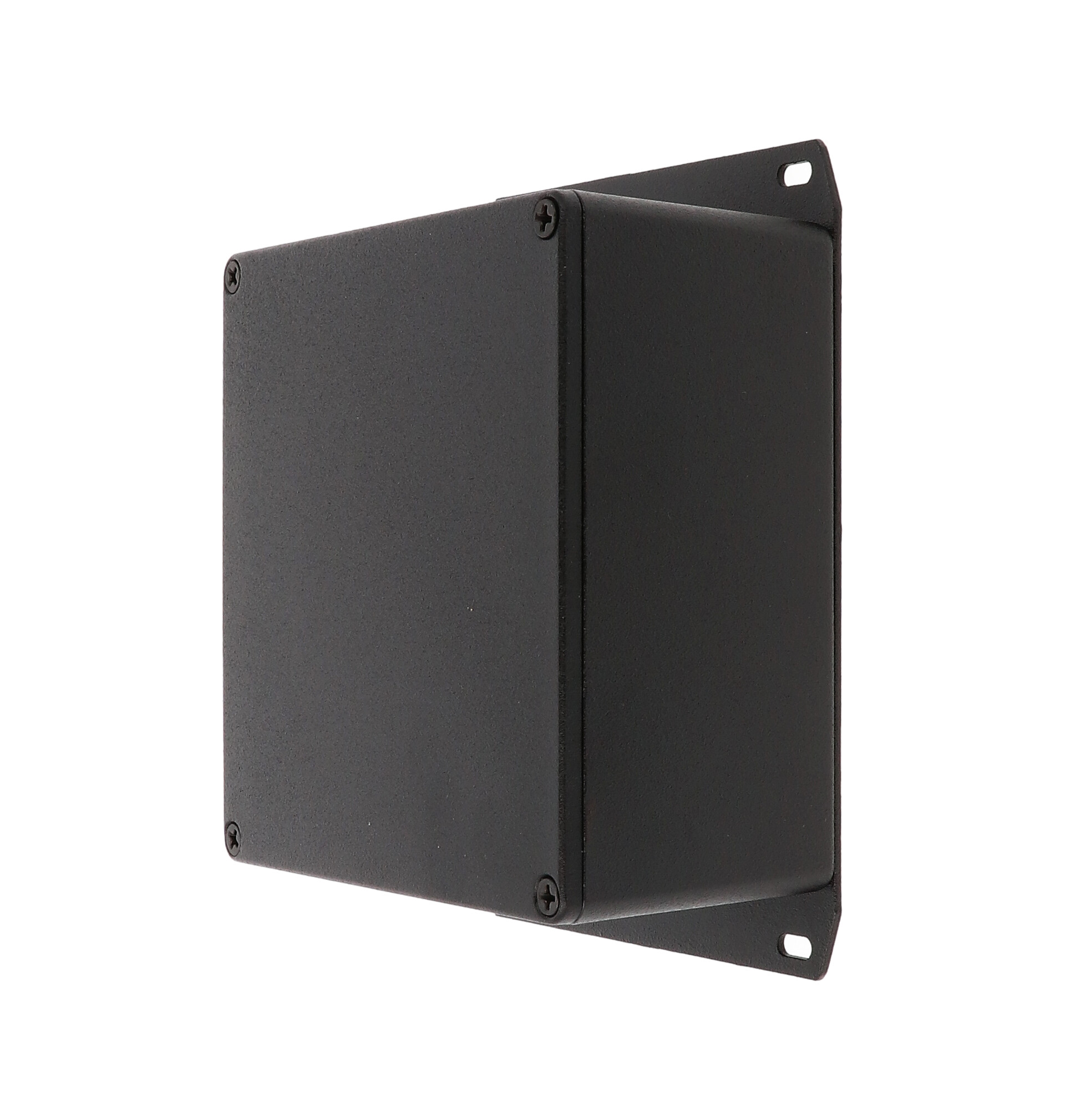 1590UFBK textured black square diecast aluminum enclosure with flanged bottom plate