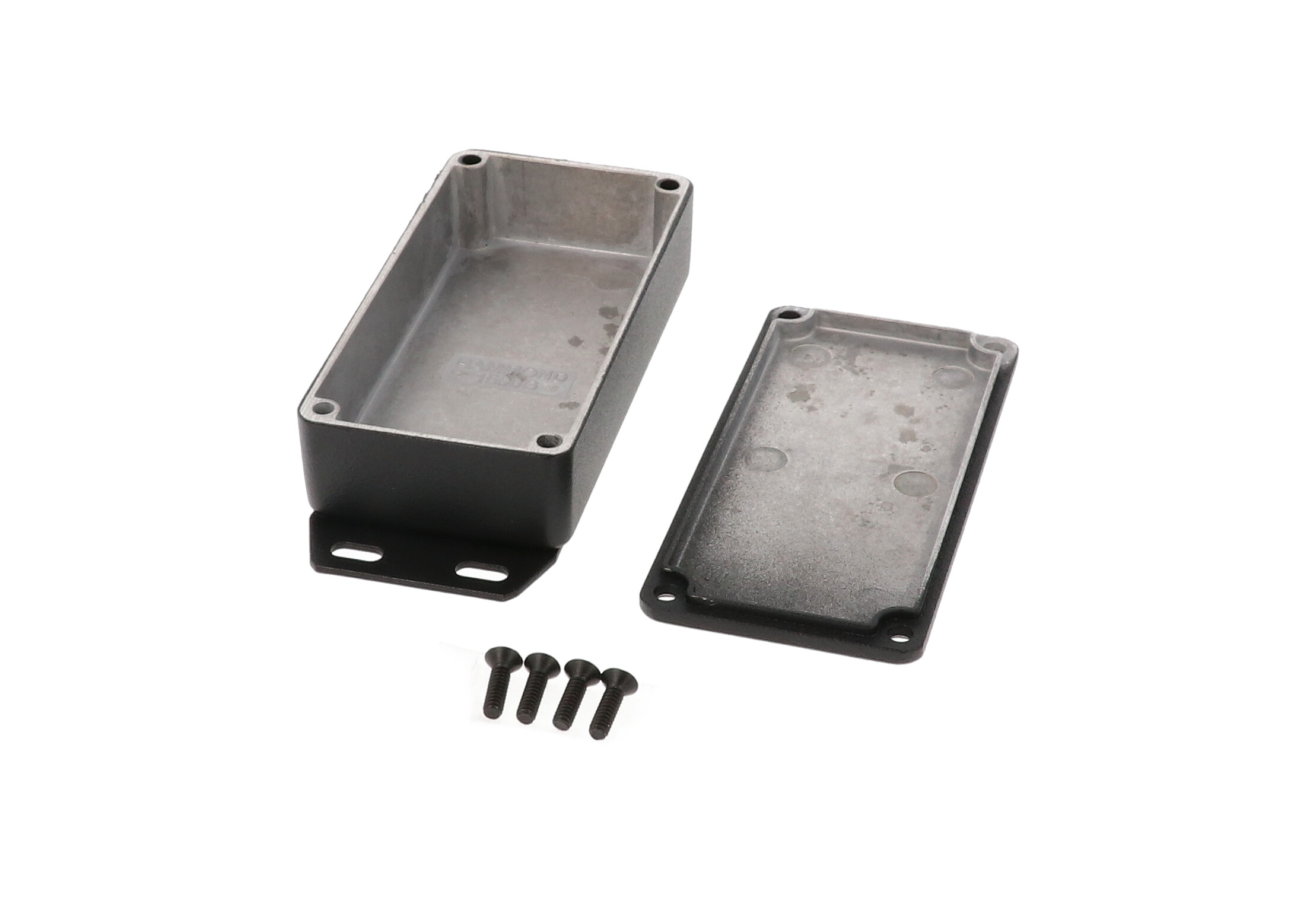 1590GFBK black diecast aluminum enclosure with welded bottom flange, 100 x 50 x 25 mm