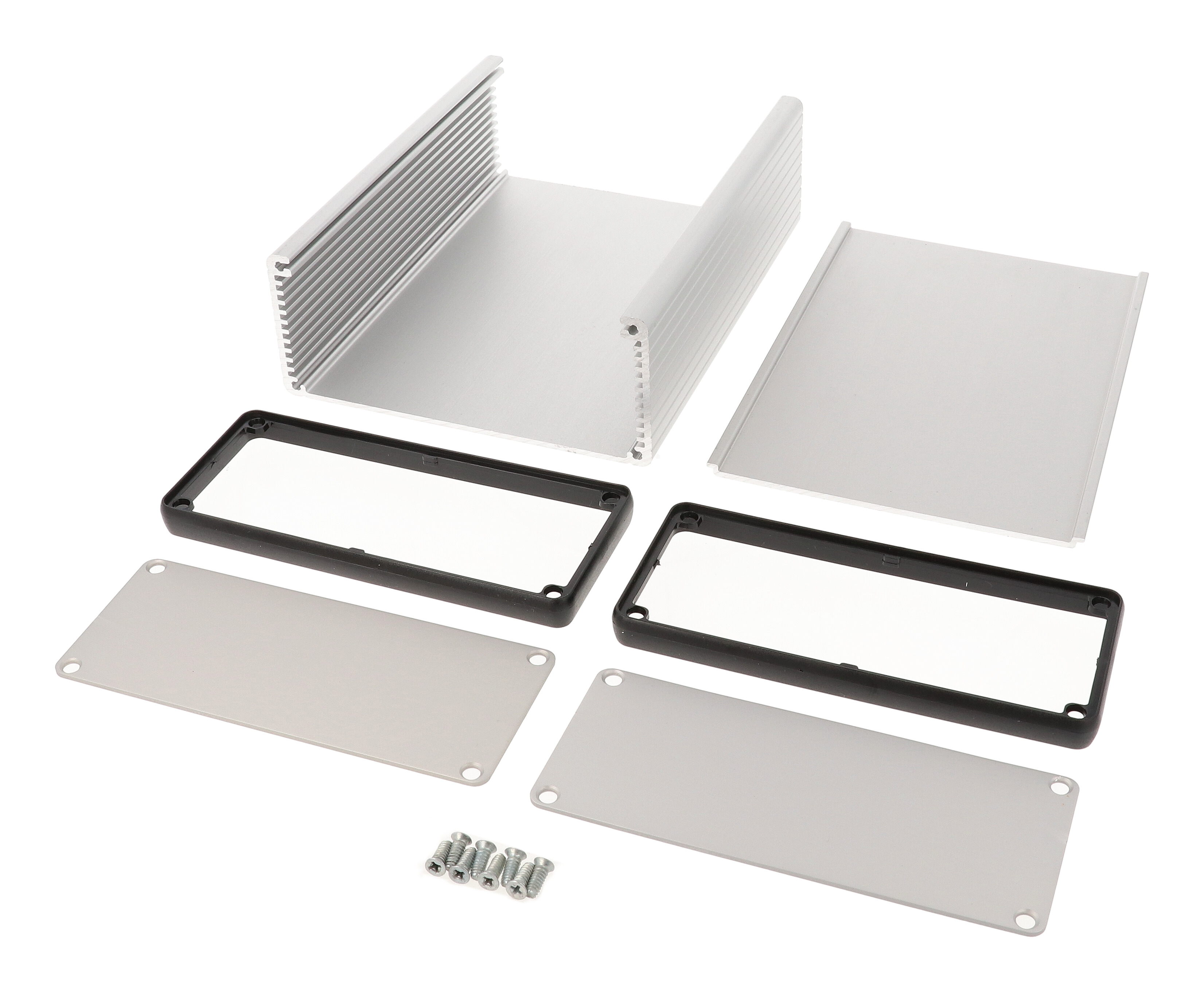 1455Q1601 clear anodized extruded aluminum PC board enclosure 160 x 125 x 51.5 mm with aluminum end panels and open bezels