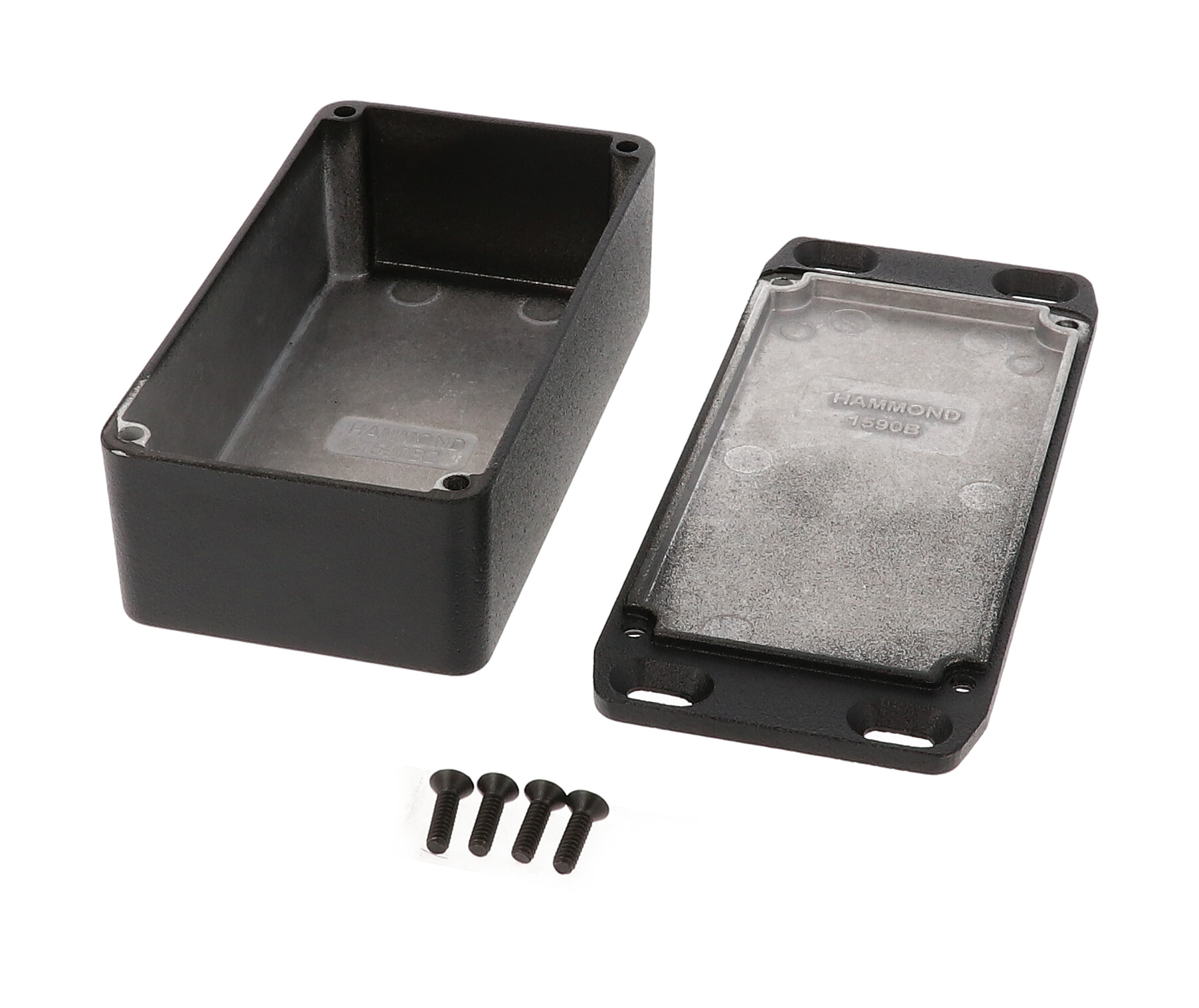 1590B2FLBK textured black diecast aluminum enclosure with flanged mounting lid