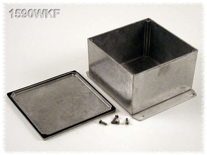 1590WKF natural aluminum IP65 watertight diecast enclosure, 125 x 125 x 79 mm, with flanged bottom plate