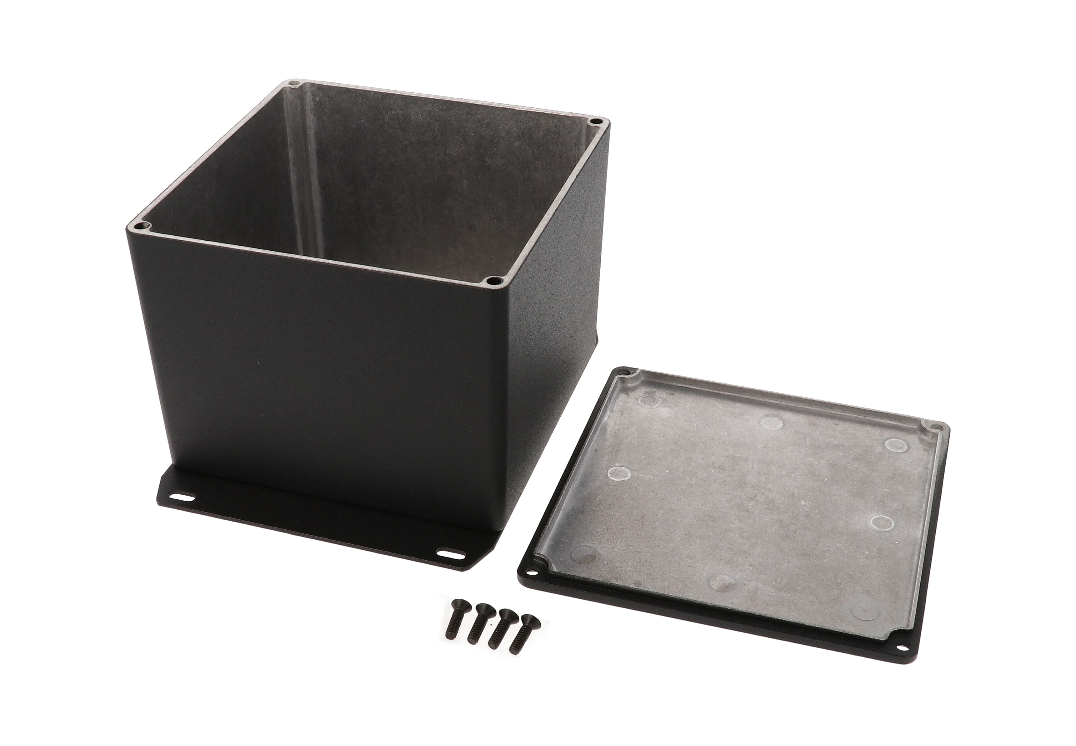 1590VFBK textured black deep diecast aluminum enclosure with flanged bottom plate