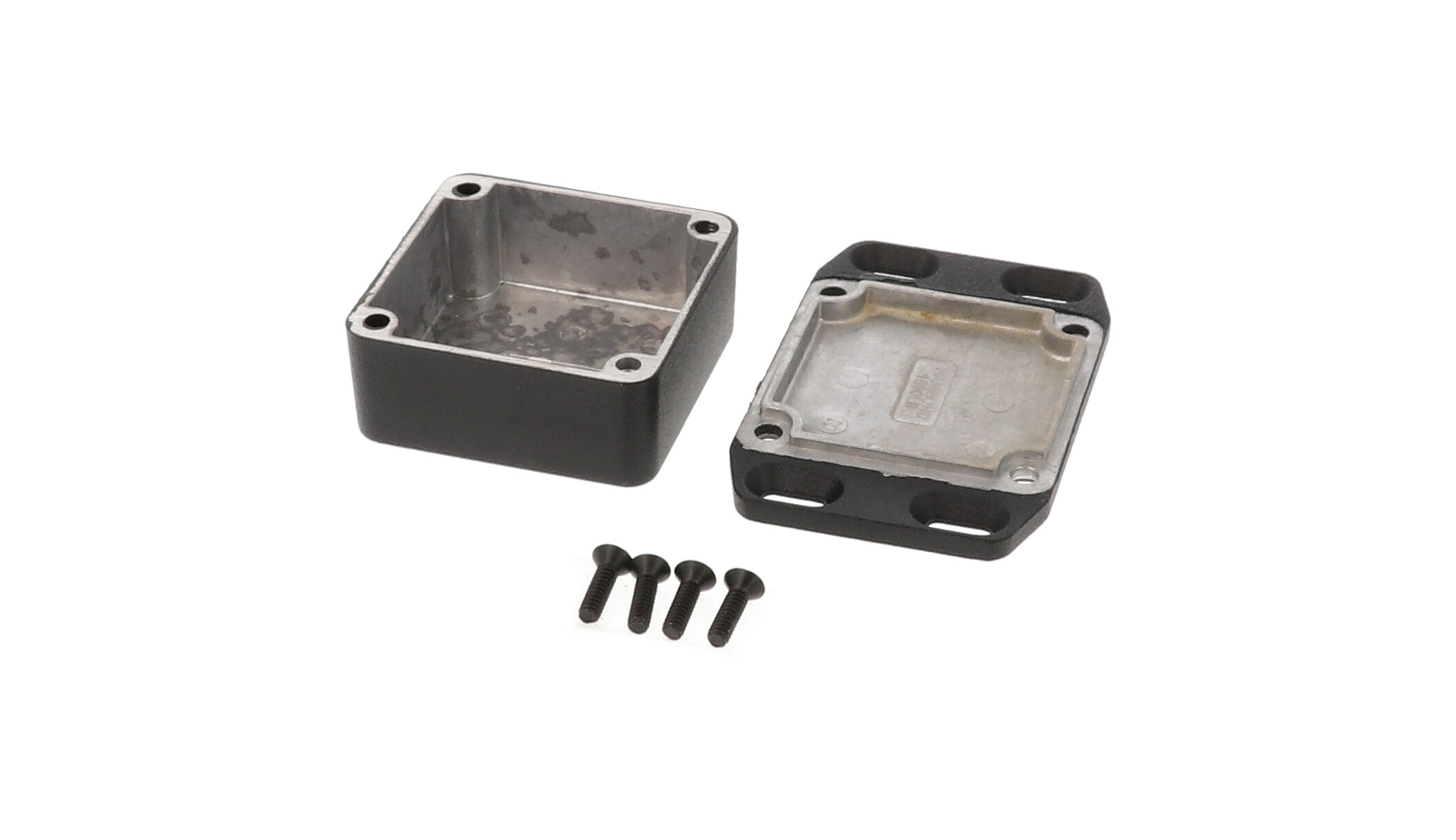 1590LLBFLBK black textured 51 x 51 x 25 mm diecast aluminum enclosure with flanged mounting lid