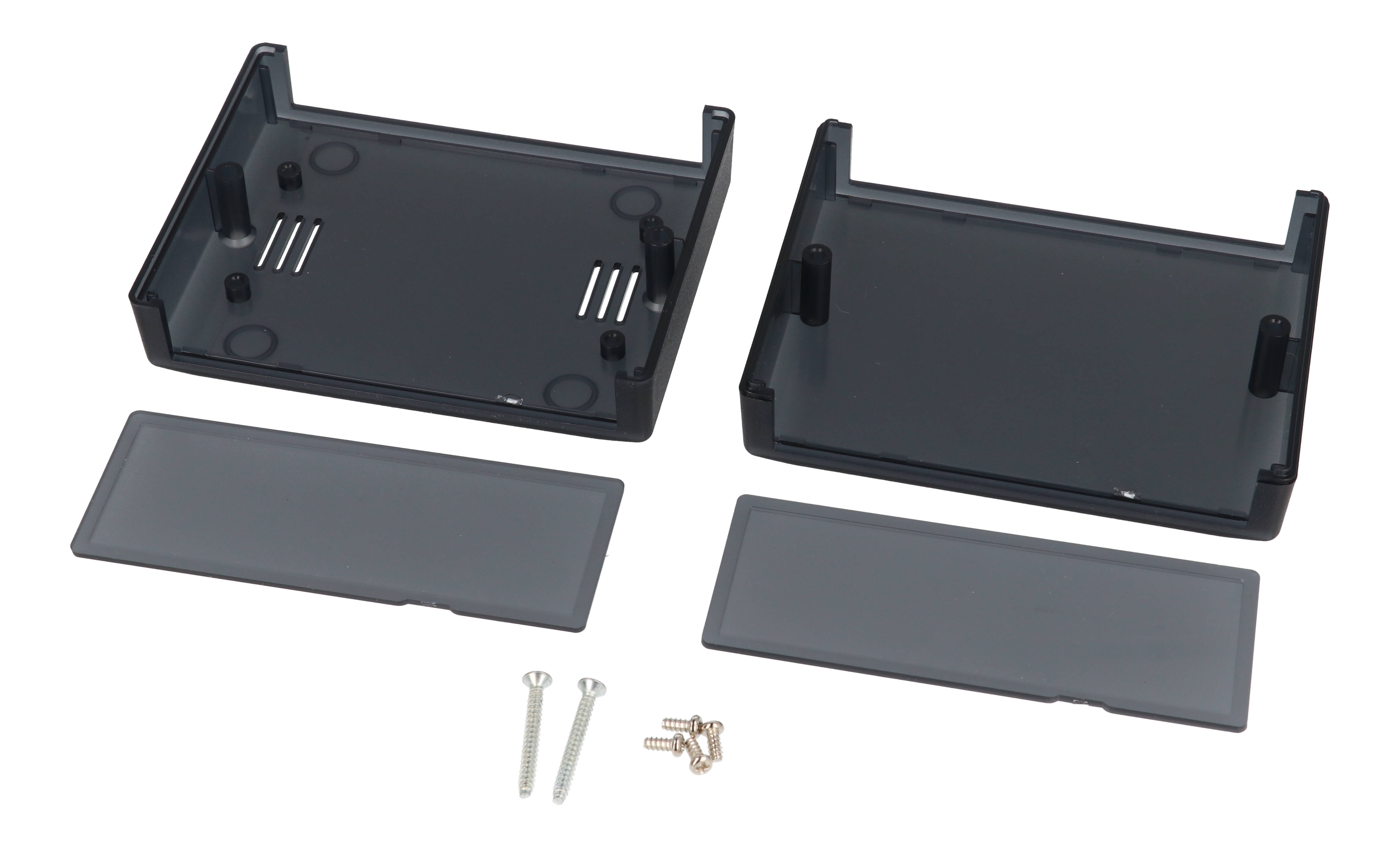 RM2005LTBK translucent black ABS instrument enclosure with removable end panels, 105 x 80 x 40 mm