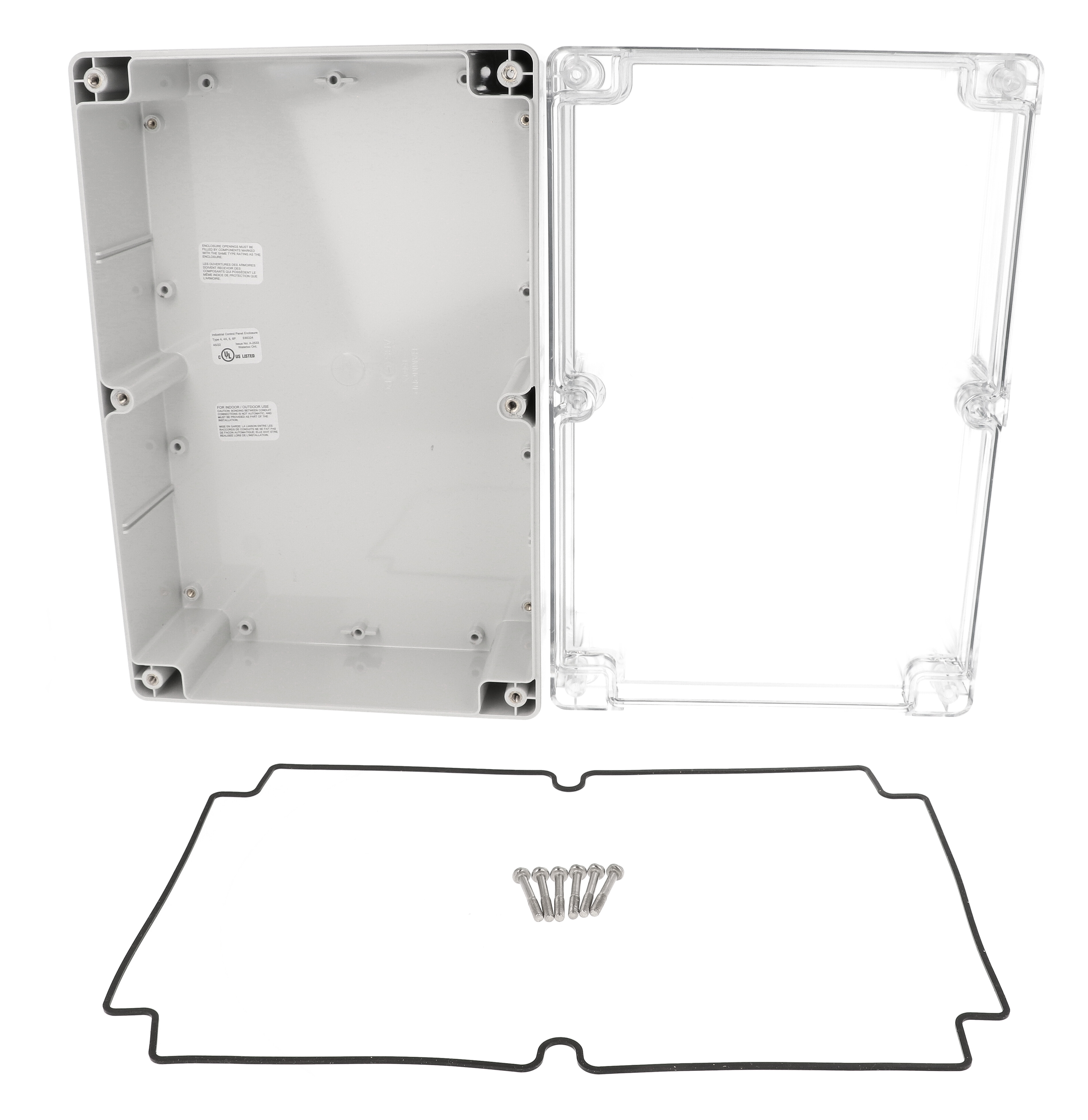 1554X2GYCL 300 x 200 x 90 mm polycarbonate enclosure with clear lid and light gray base