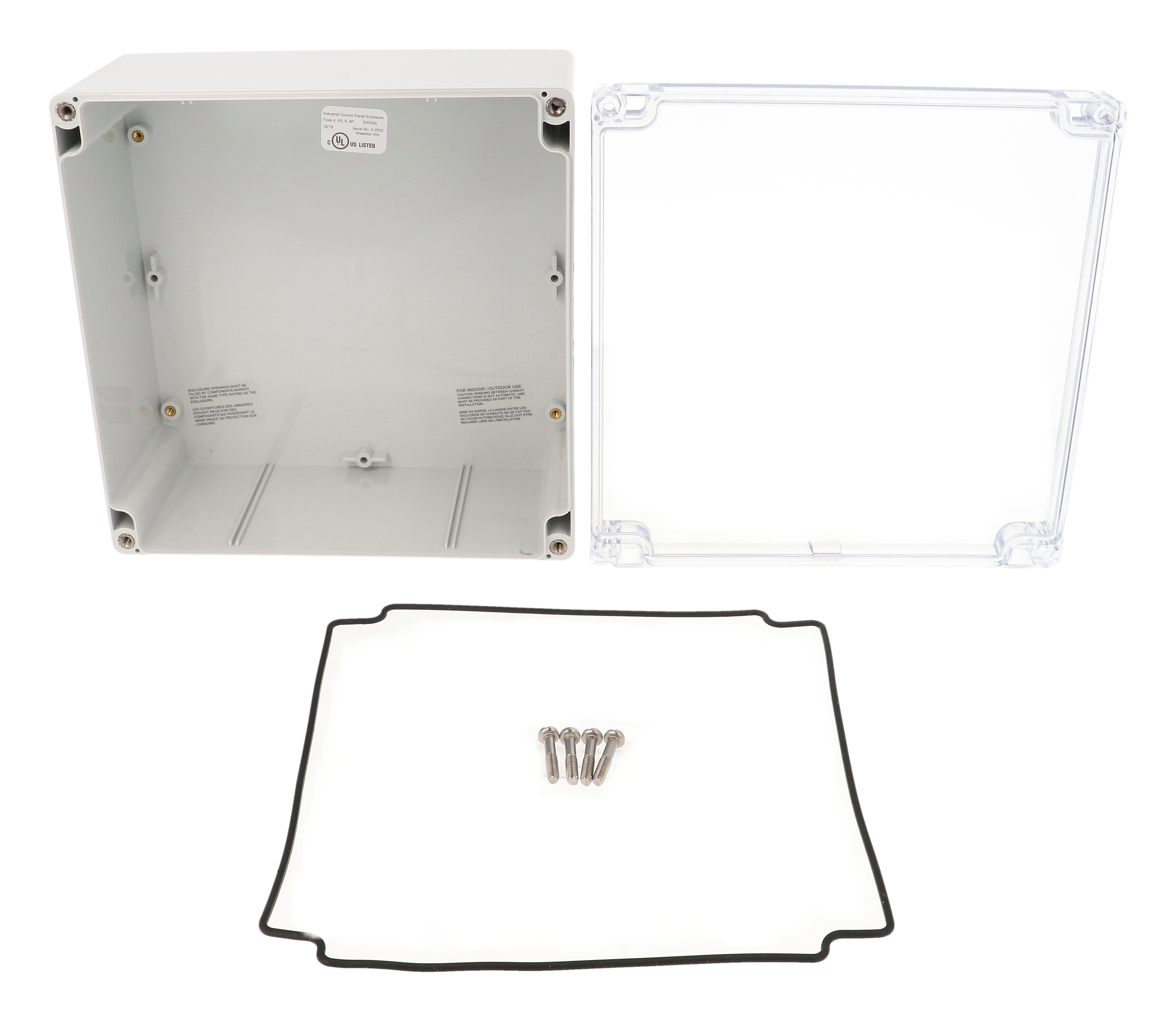 1554WA2GYCL 180 x 180 x 90 mm light gray polycarbonate watertight enclosure with clear lid
