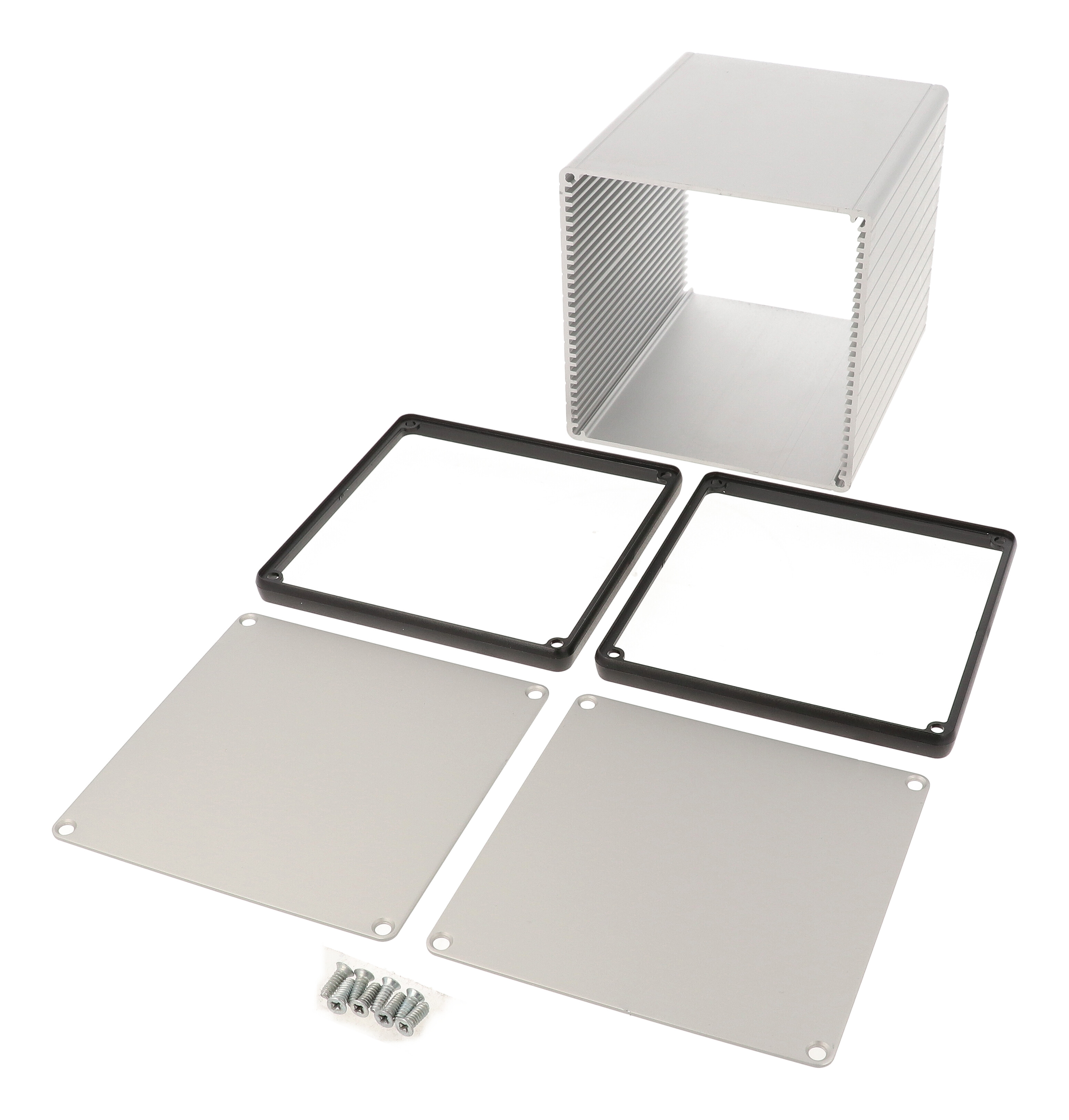 1455NS1201 clear anodized square extruded aluminum enclosure, 120 x 103 x 103 mm, with aluminum end panels and open bezels