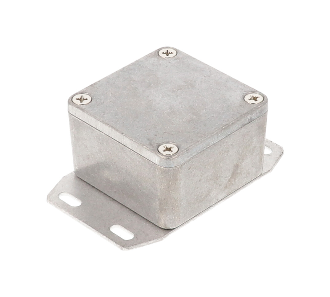 1590LBF natural diecast aluminum enclosure with welded bottom flange, 51 x 51 x 31 mm