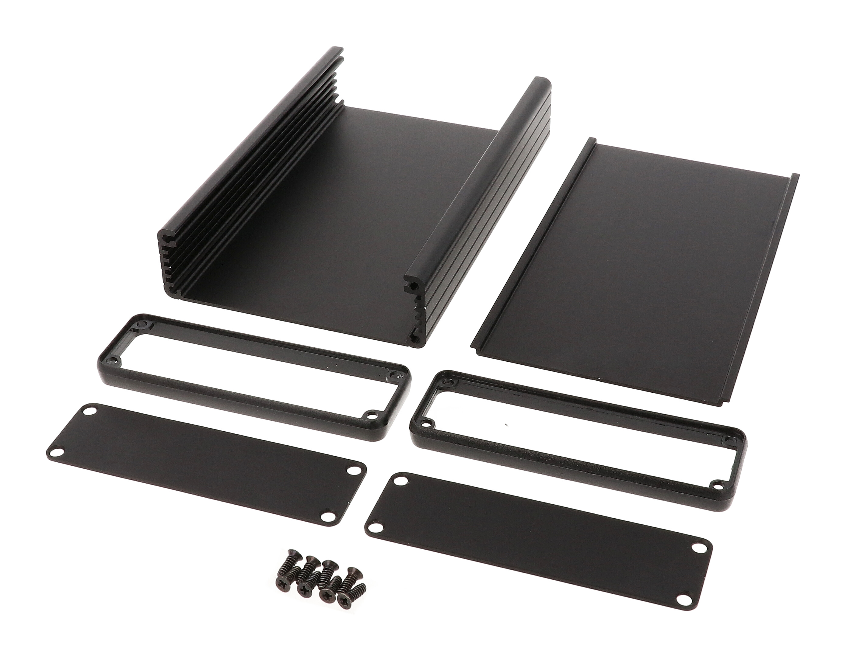 1455L1602BK black anodized extruded aluminum PC board enclosure, 160 x 103 x 30.5 mm, with black plastic end panels