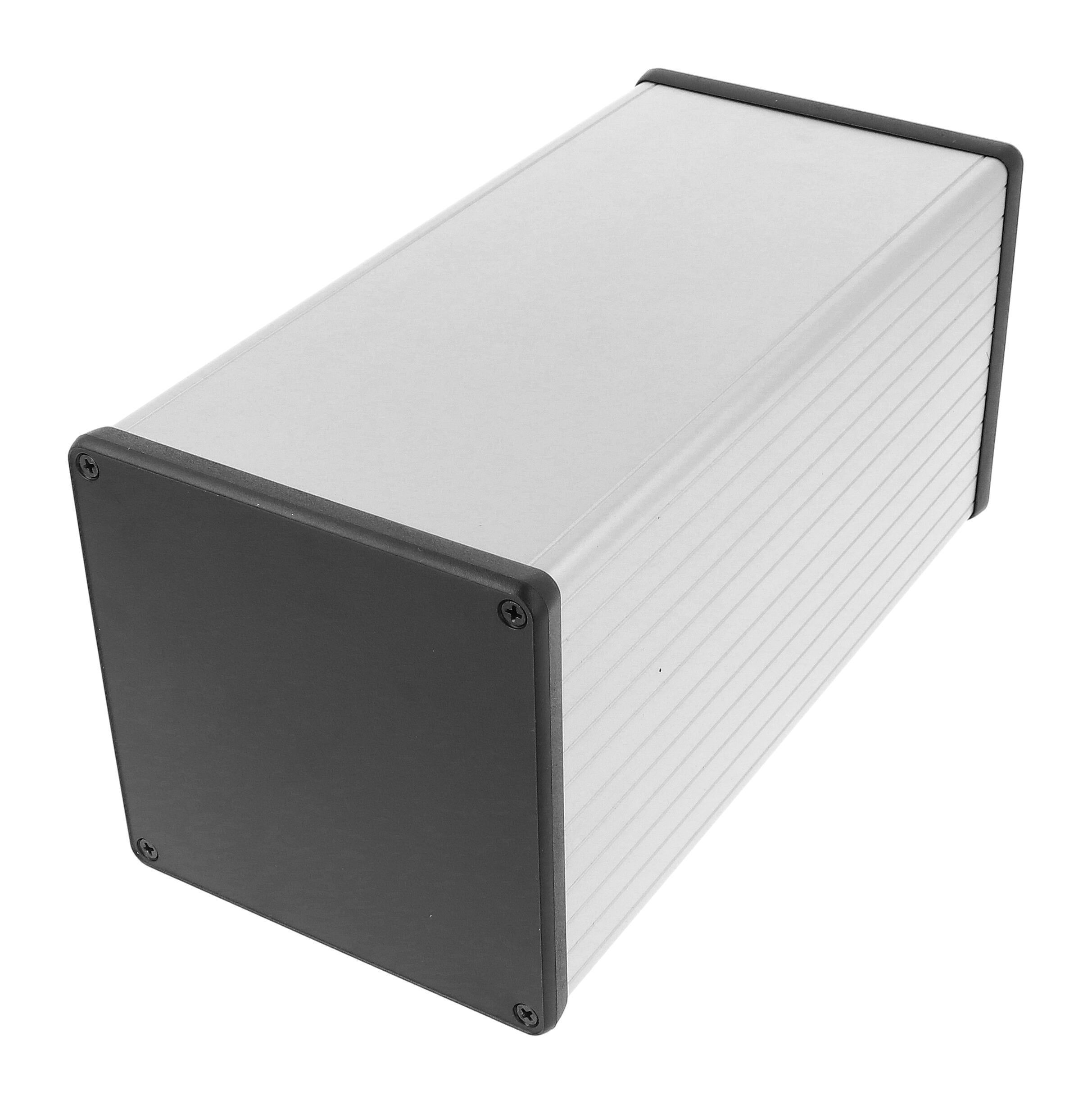 1455NS2202 clear anodized square extruded aluminum enclosure, 220 x 103 x 103 mm, with black closed plastic bezels